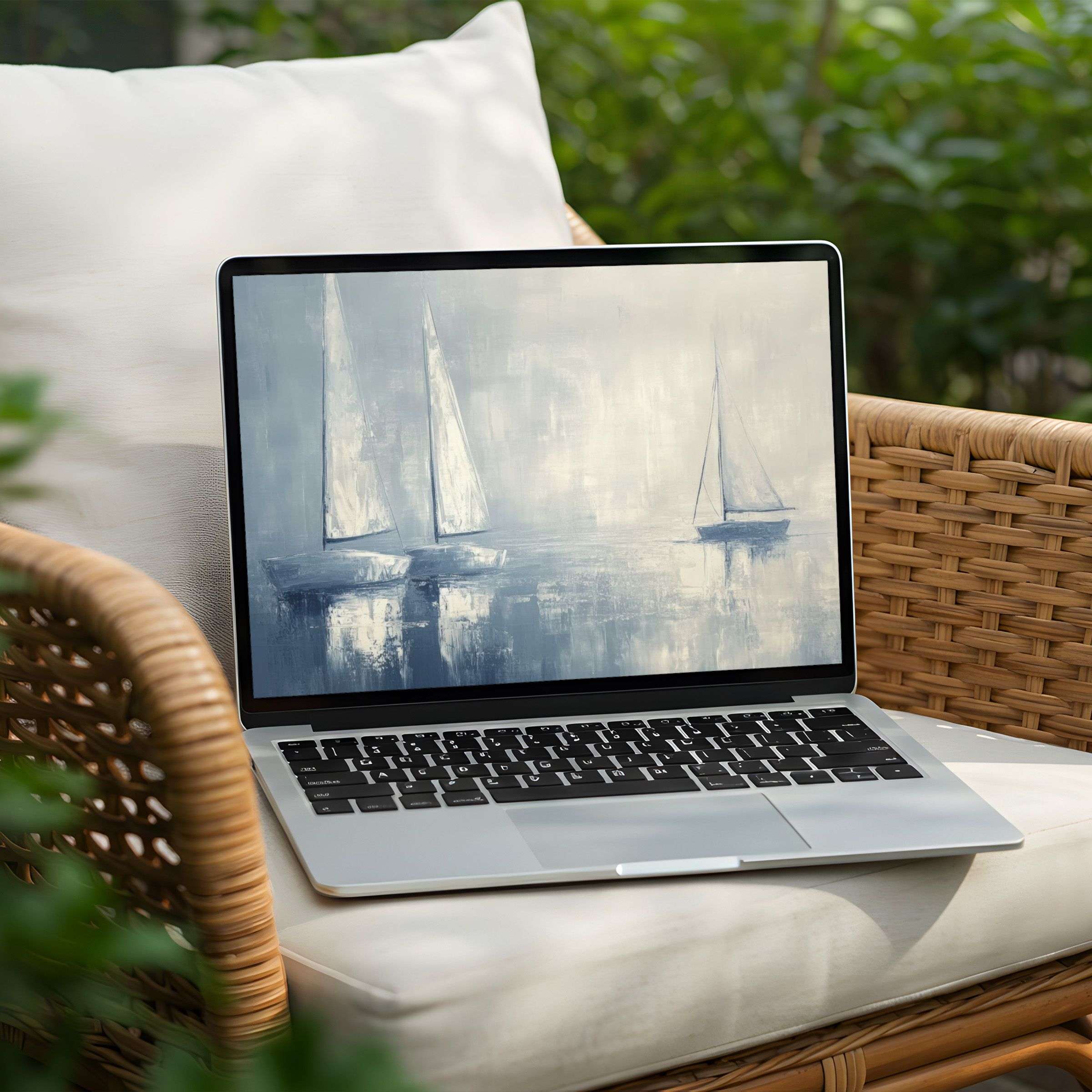 Elegant sailboat painting as a desktop background for PC or Laptop offers instant download inspiring calm and mindfulness