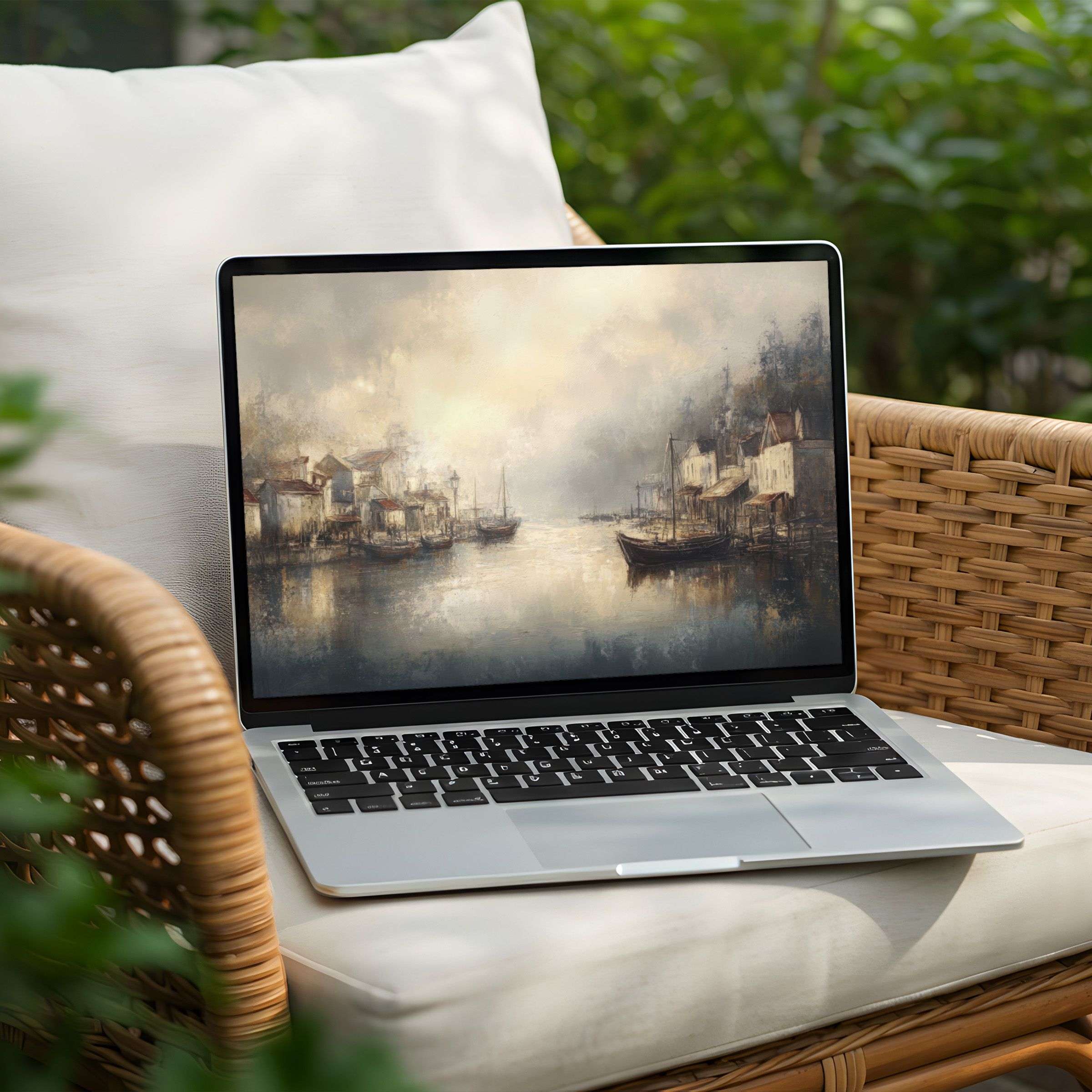 Elegant digital art for desktop background features serene harbor scene, perfect for PC or Laptop instant download inspiring mindfulness