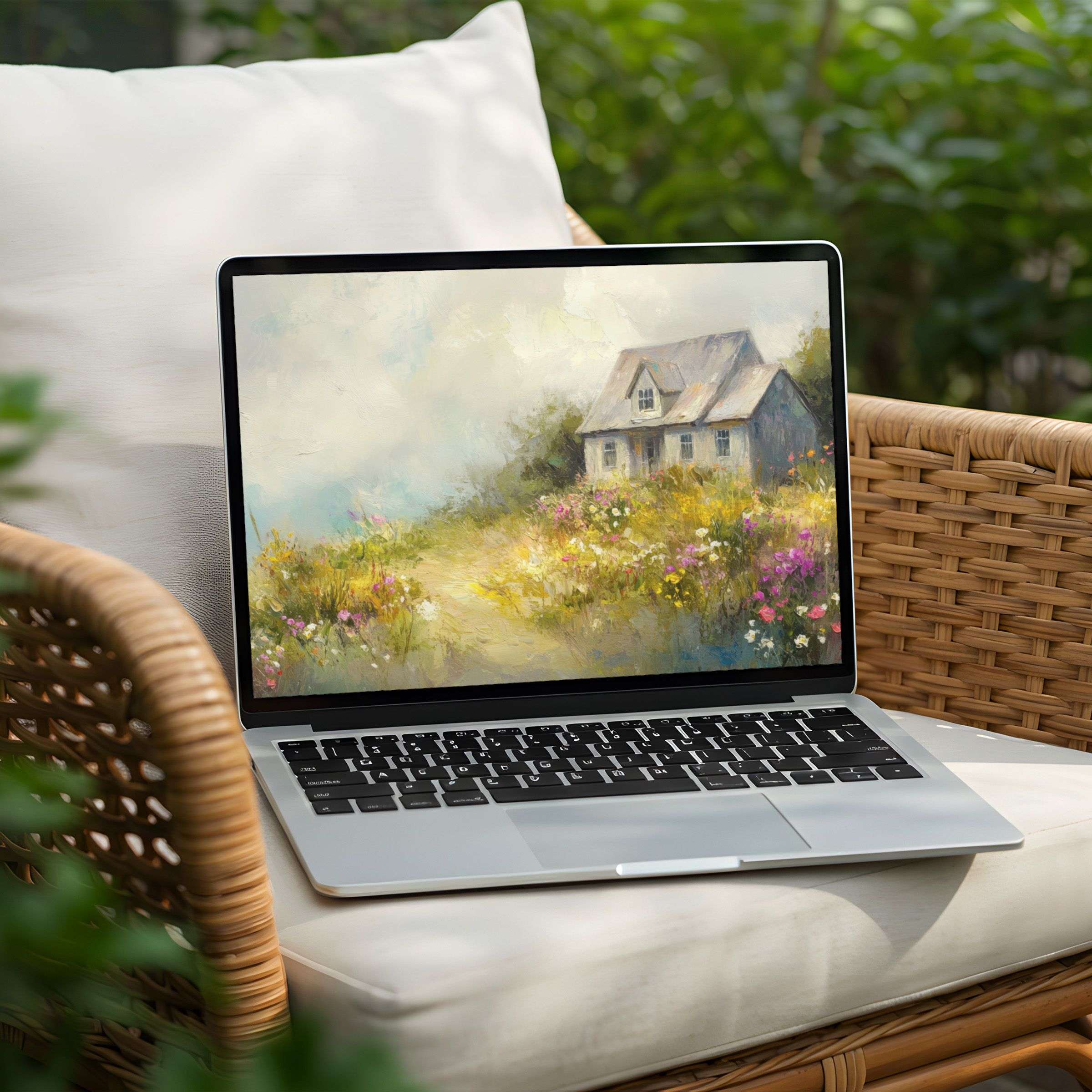 Elegant desktop background featuring a serene cottage amidst a blooming meadow available for instant download on PC or Laptop
