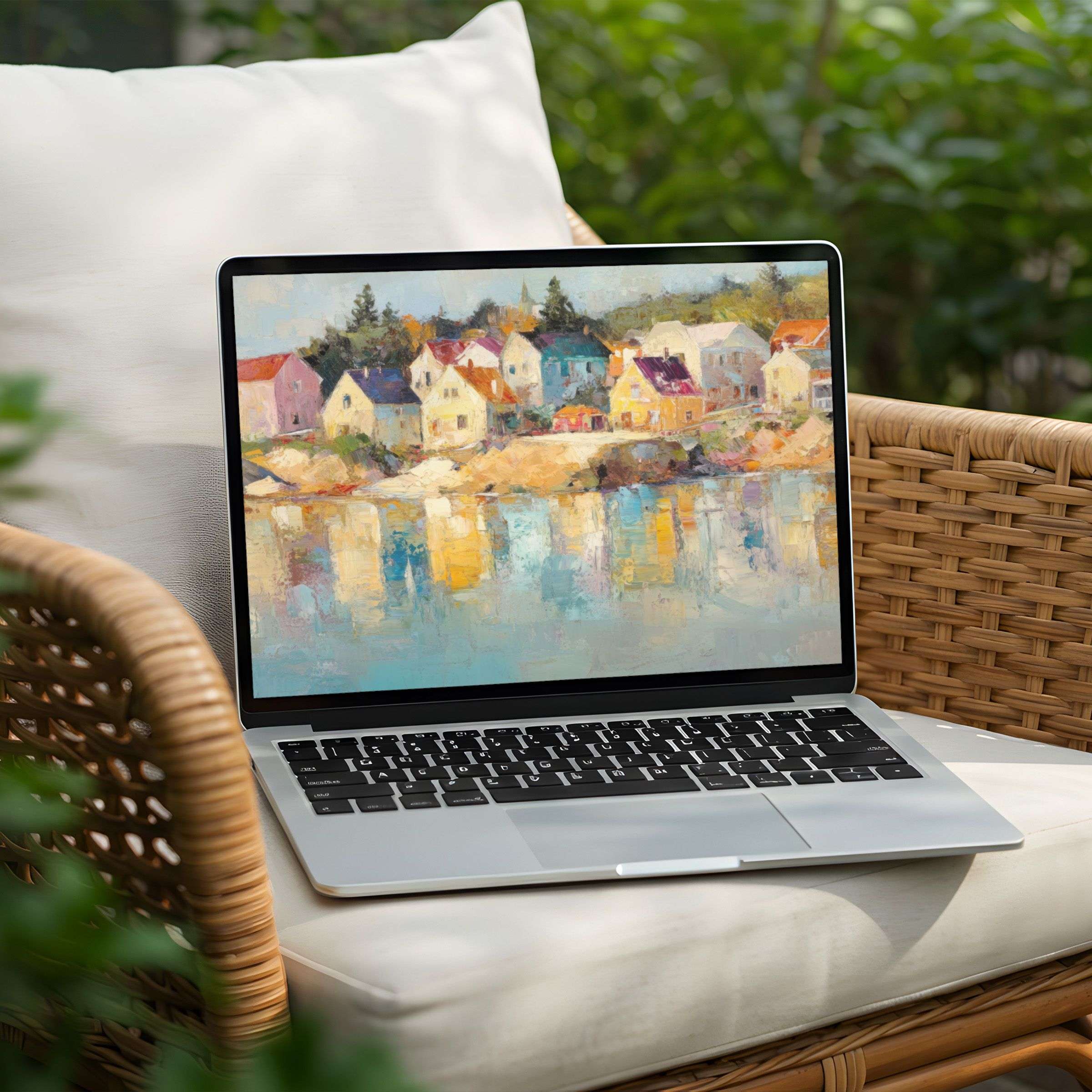 Tranquil village scenery desktop background for PC or Laptop instant download inspires calm and elegance with soft pastel hues