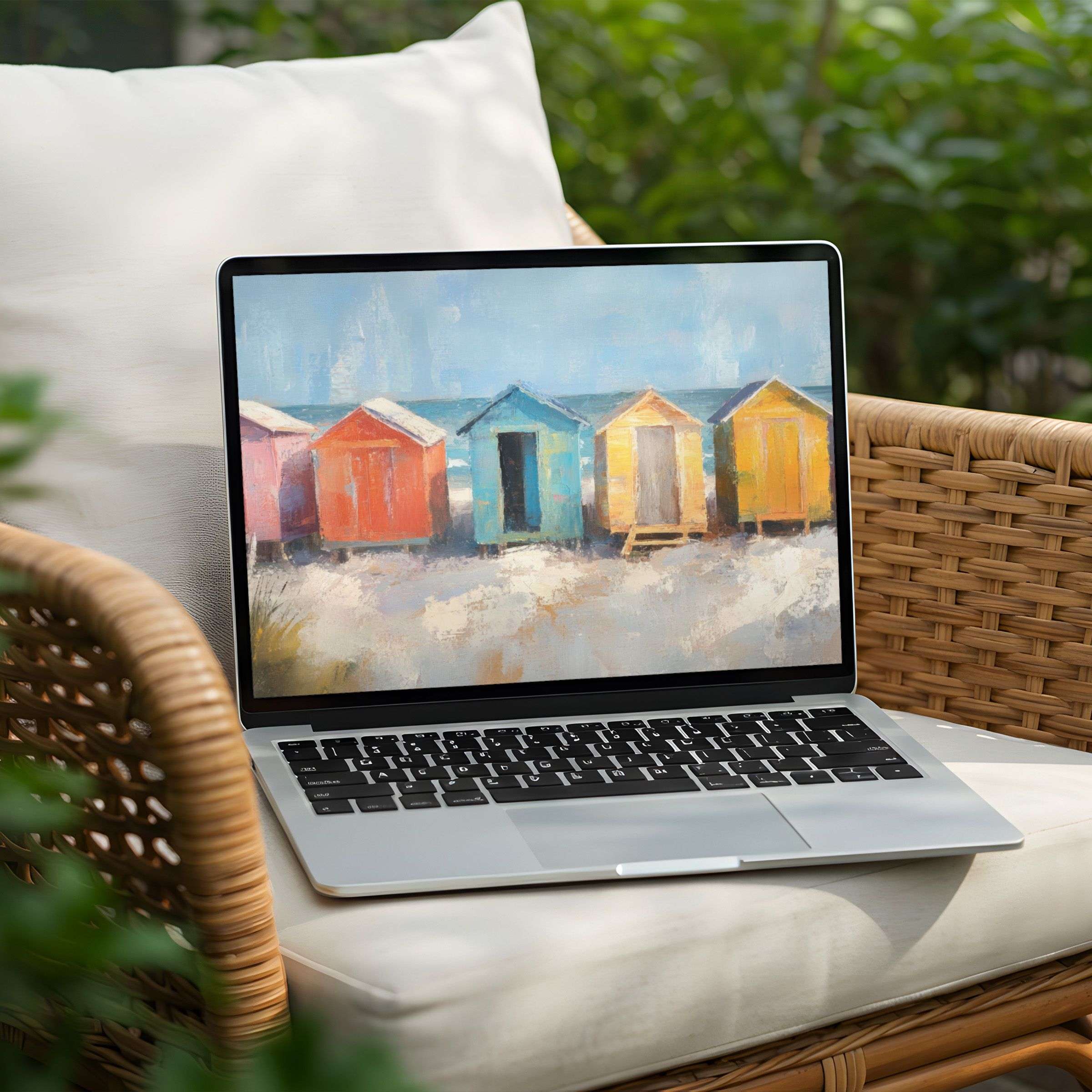 Elegant pastel beach huts on a PC or Laptop desktop background offer instant download for calm and inspiring aesthetics