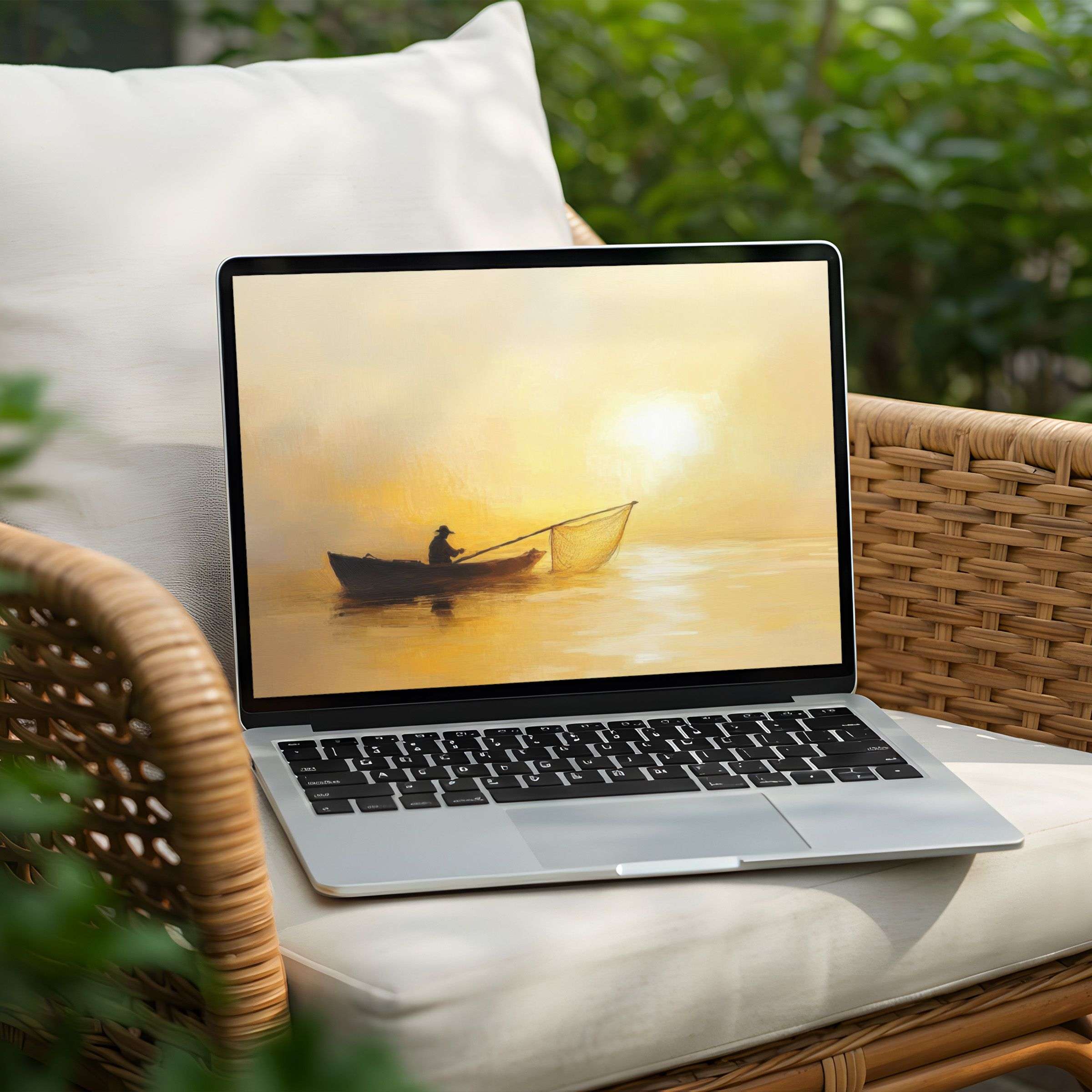 Serene golden sunrise painting features a lone fisherman on calm waters, perfect desktop background for PC or laptop instant download