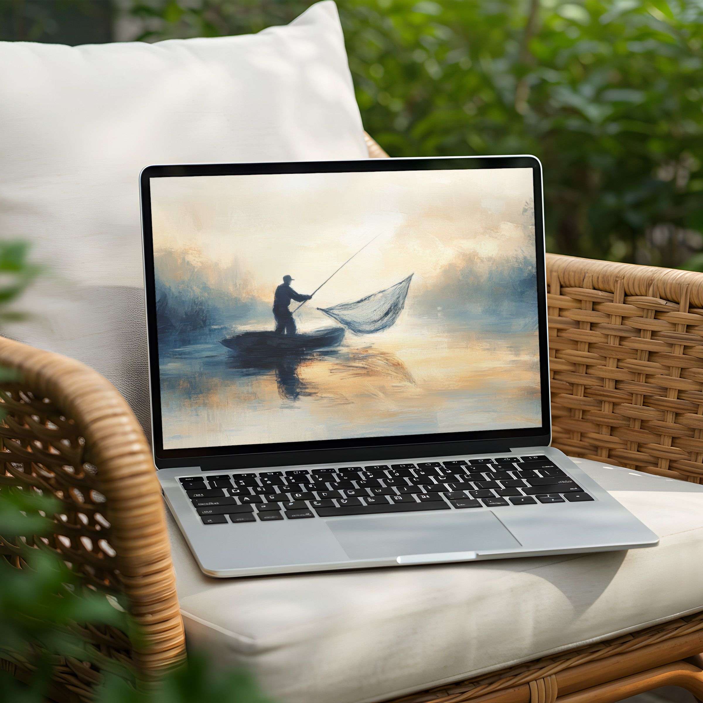 Inspire tranquility with this instant download desktop background for PC or Laptop featuring serene watercolor of a lone fisherman