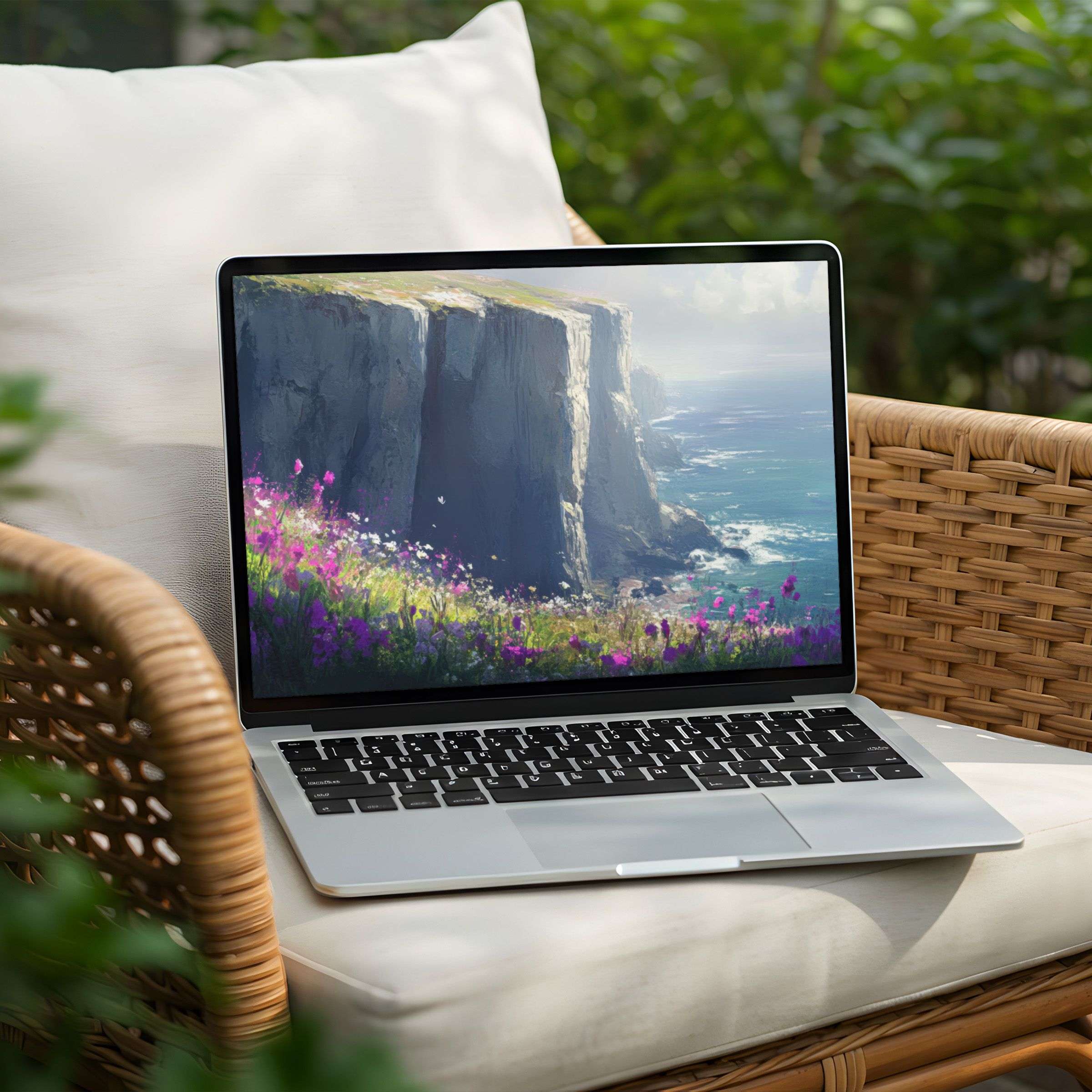 Serene coastal cliff digital art for PC or laptop desktop background, instant download to inspire calm and elegance