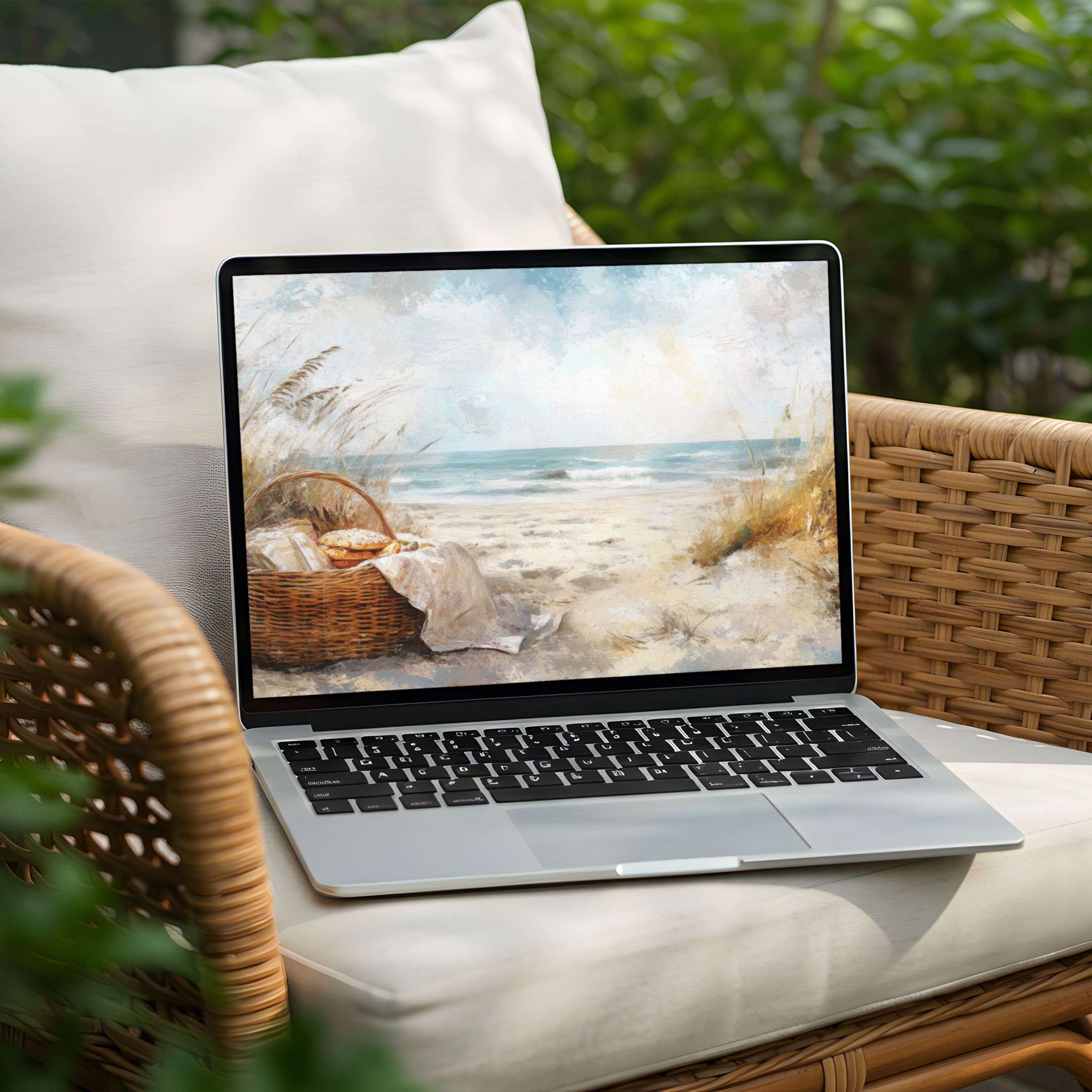 Serene beach painting on a laptop offers an inspiring desktop background for PC or Laptop instant download for tranquility seekers