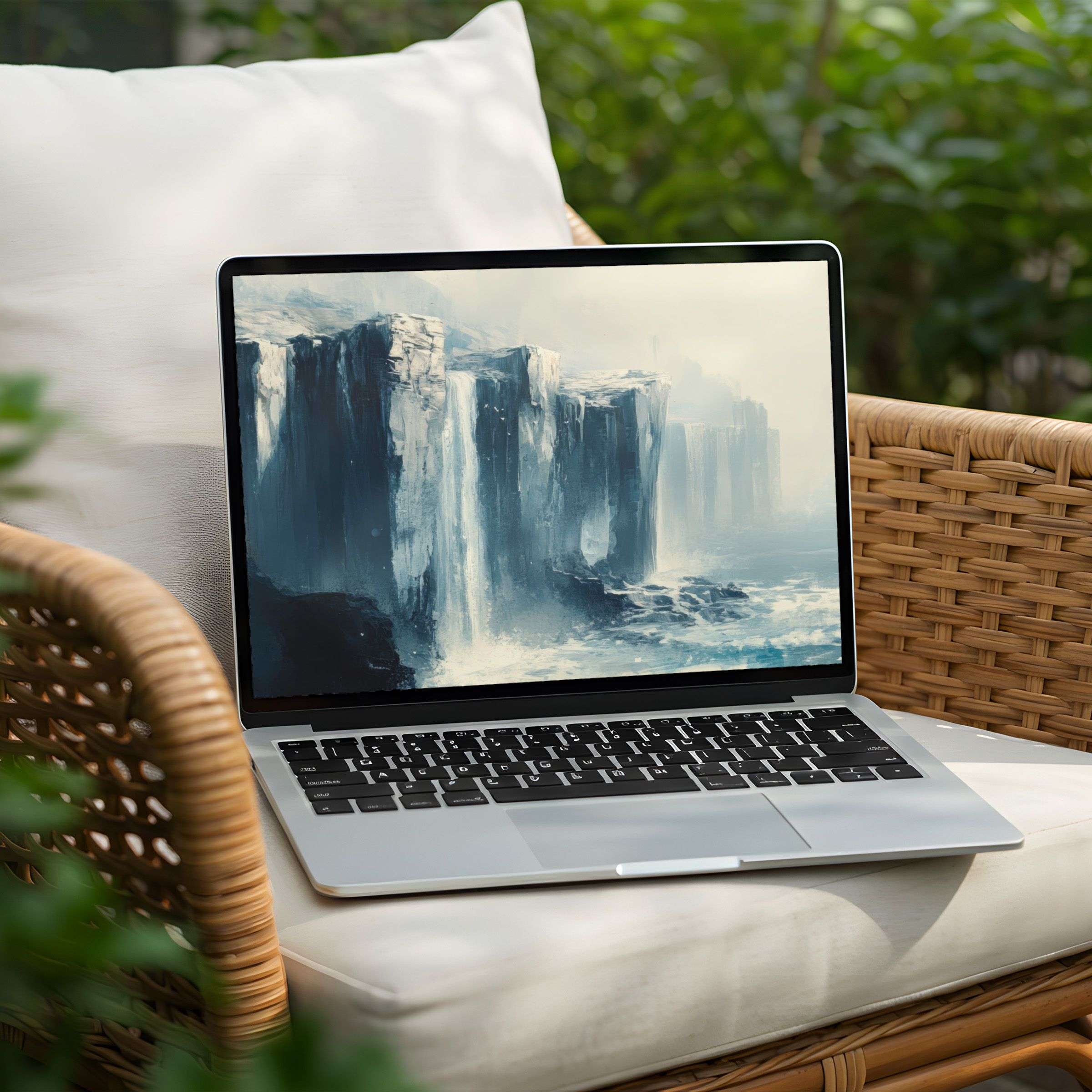 Download this serene desktop background for PC or Laptop featuring ethereal waterfalls inspiring calm and mindfulness instantly