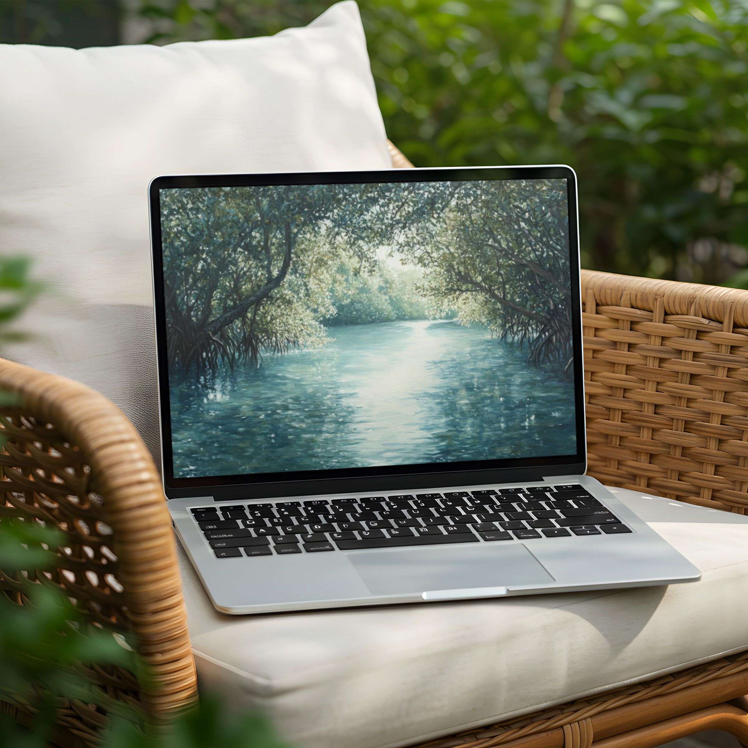 Serene river landscape desktop background for PC and Laptop promotes calm and mindfulness with instant download for elegance