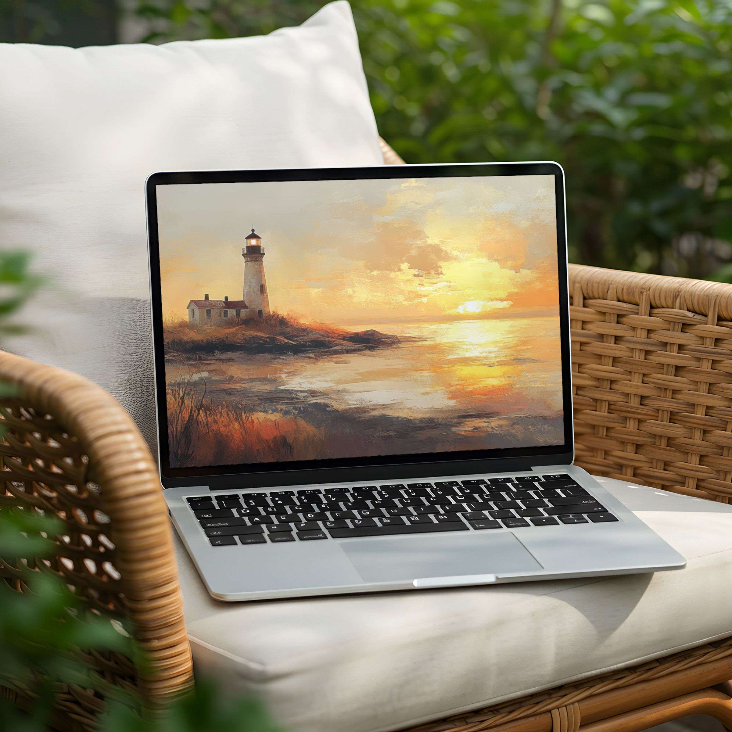 Inspiring lighthouse sunset desktop background for PC or Laptop instant download for elegant and mindful digital artistry