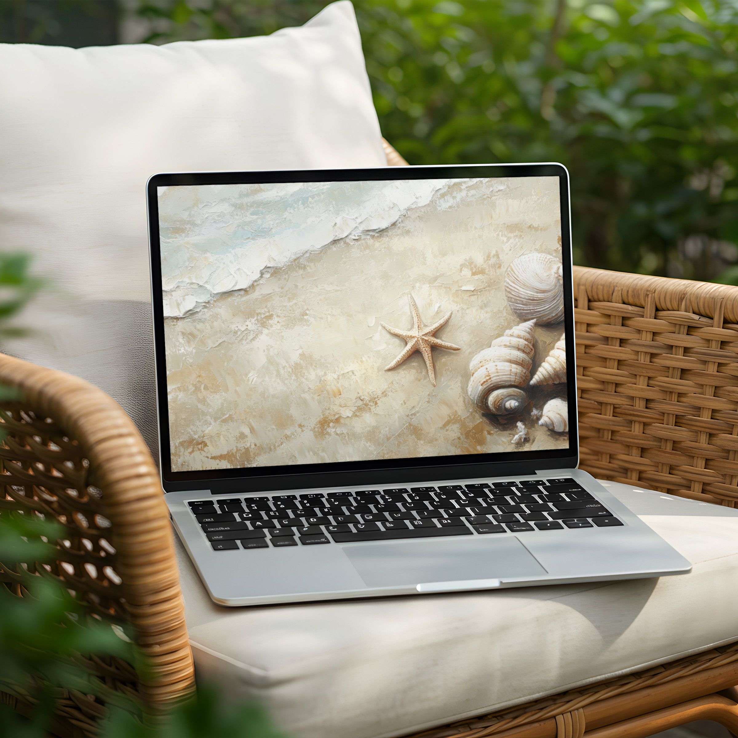 Serene beach-themed desktop background for PC and Laptop instant download to inspire calm and elegance with its soft, sandy hues