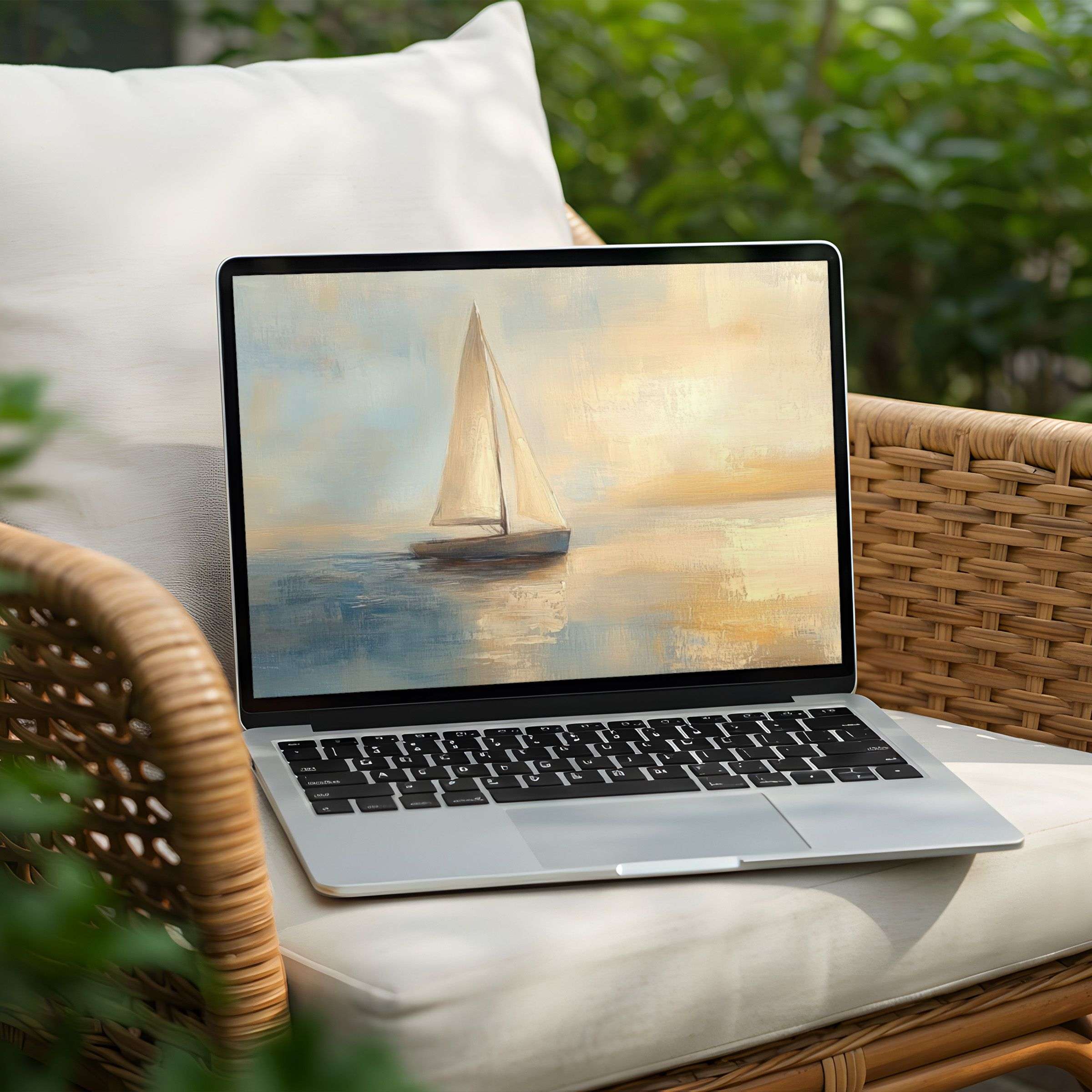 Elegant sailboat painting on PC and Laptop desktop background for instant download brings calm and inspiration to your space