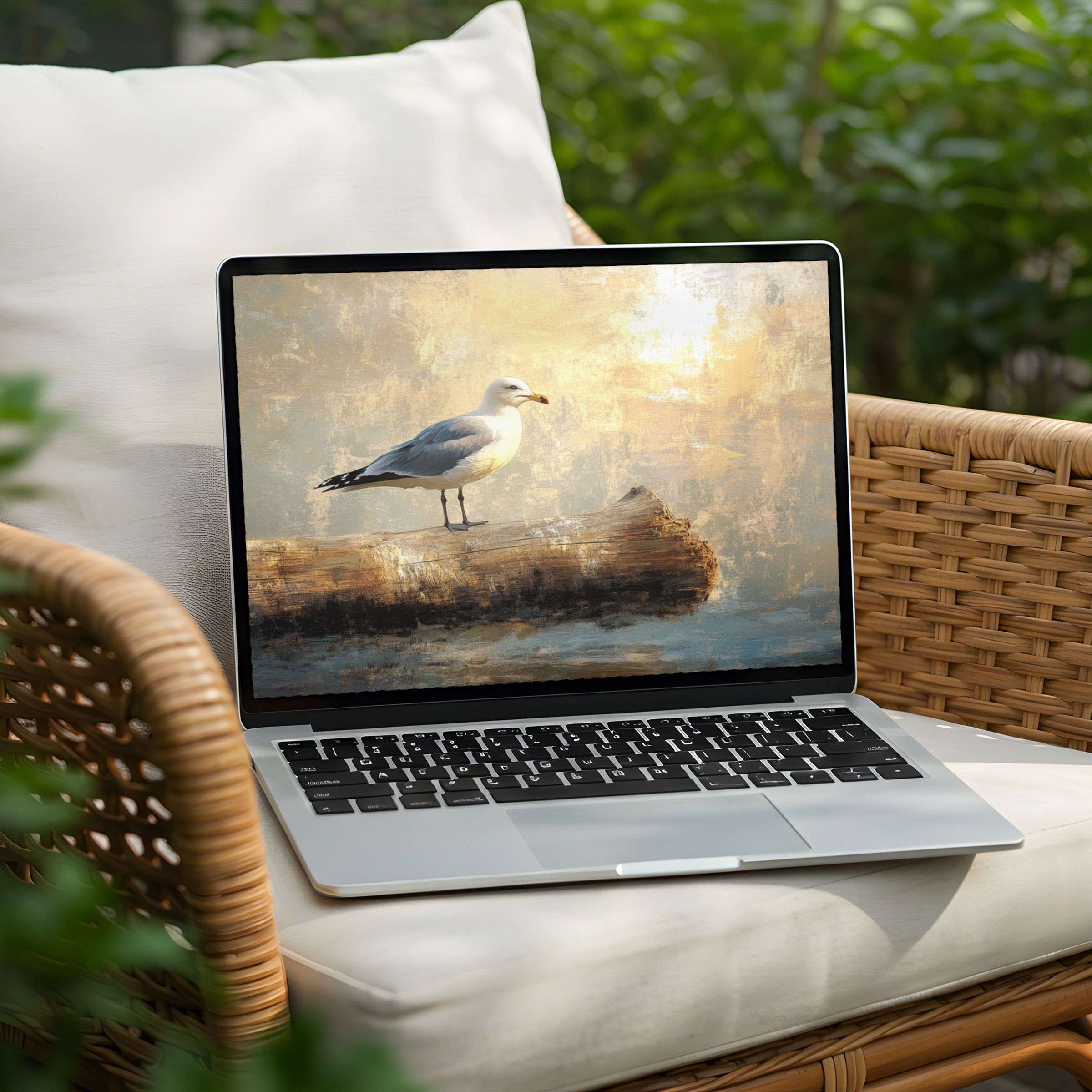Elegant desktop background featuring serene seagull art on PC and Laptop screens for instant download inspires calm and mindfulness