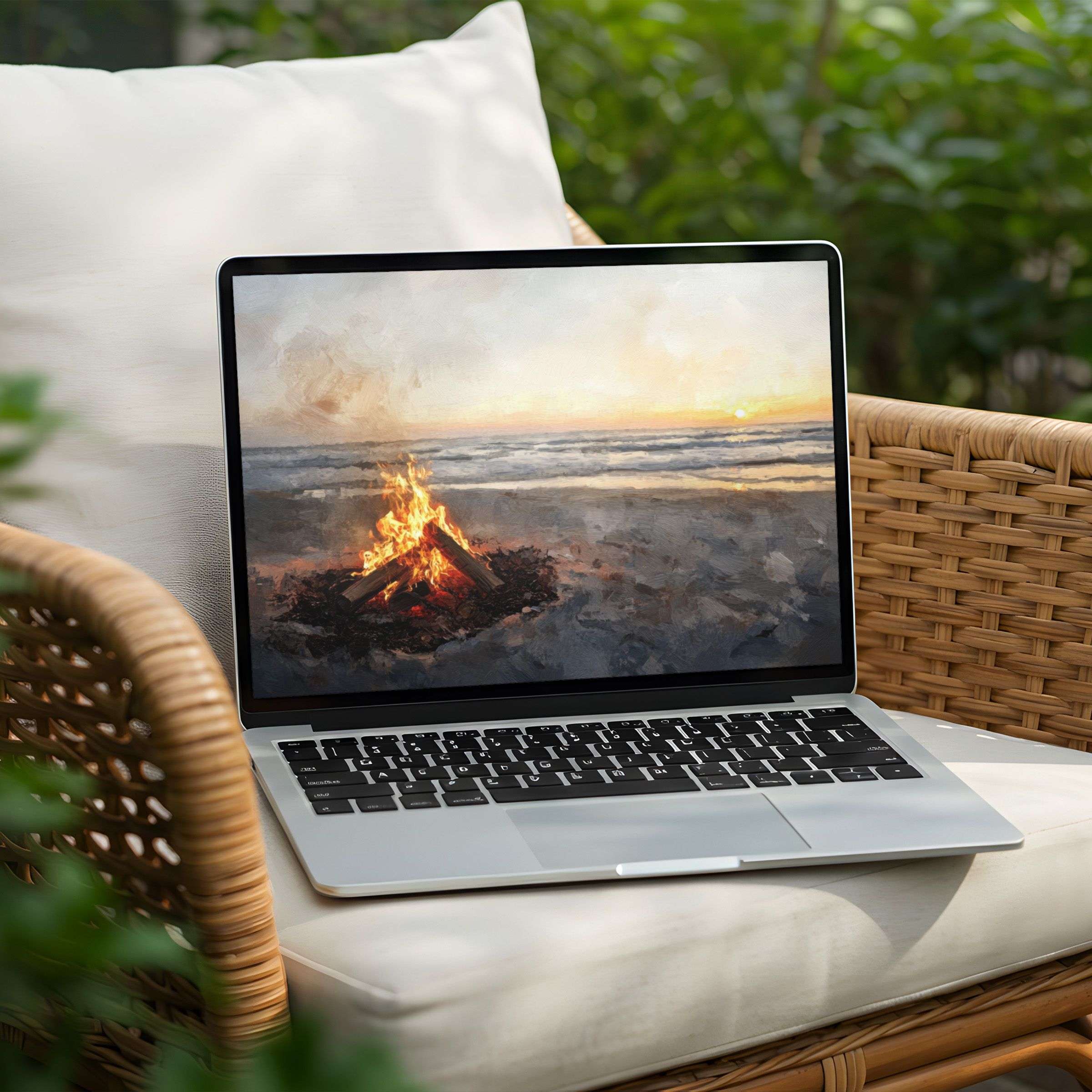 Inspirational beach fire digital art for desktop background instant download for PC and laptop creates calming mindfulness