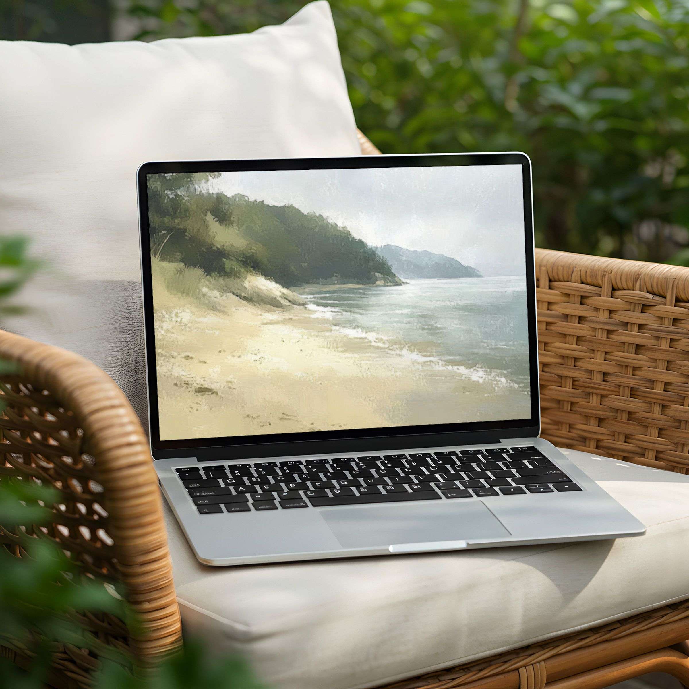 Calming beach scene digital art desktop background for PC or Laptop instant download evokes elegance and mindfulness