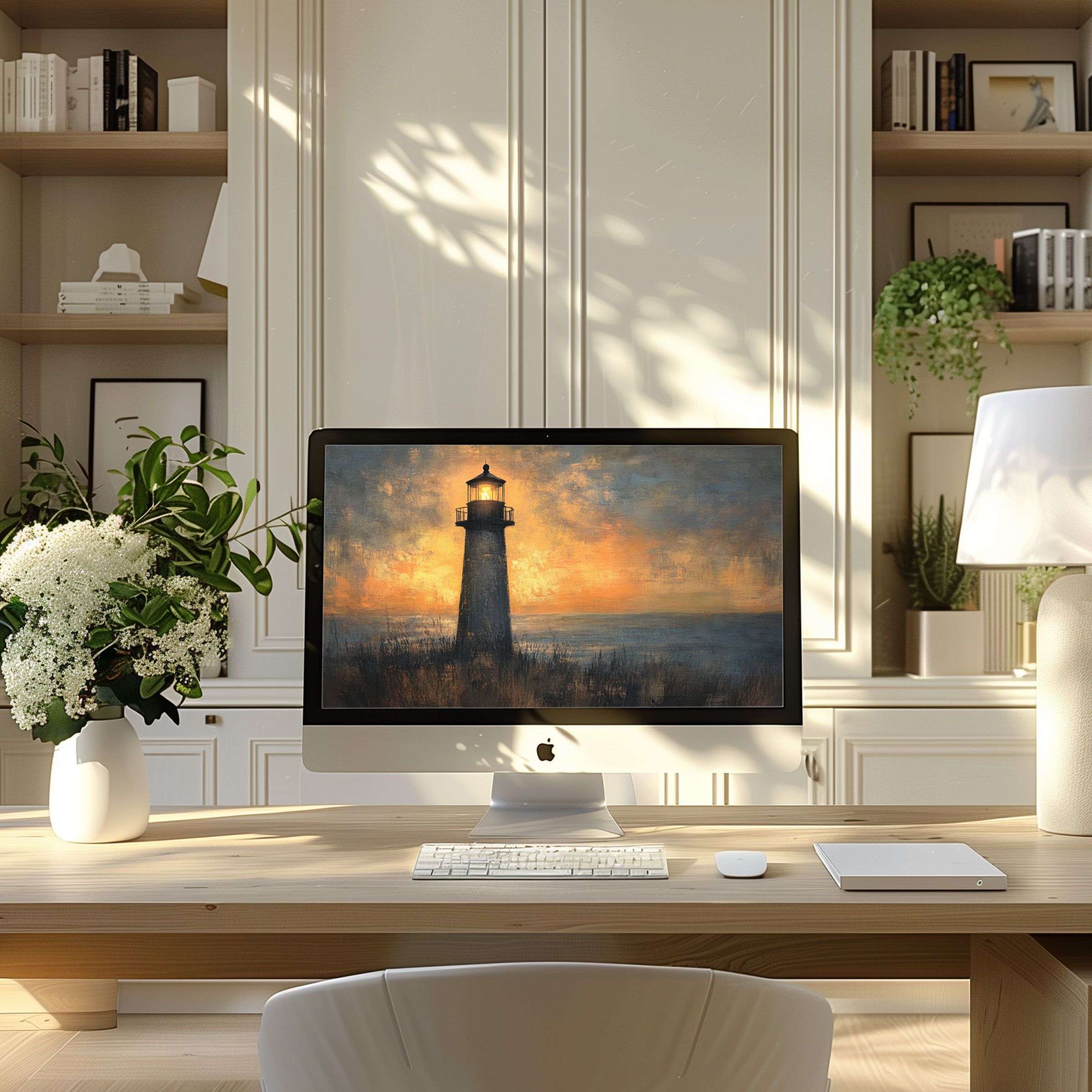 Elegant lighthouse digital art wallpaper for computer enhances PC or laptop, offering inspiration and calm in a modern home office