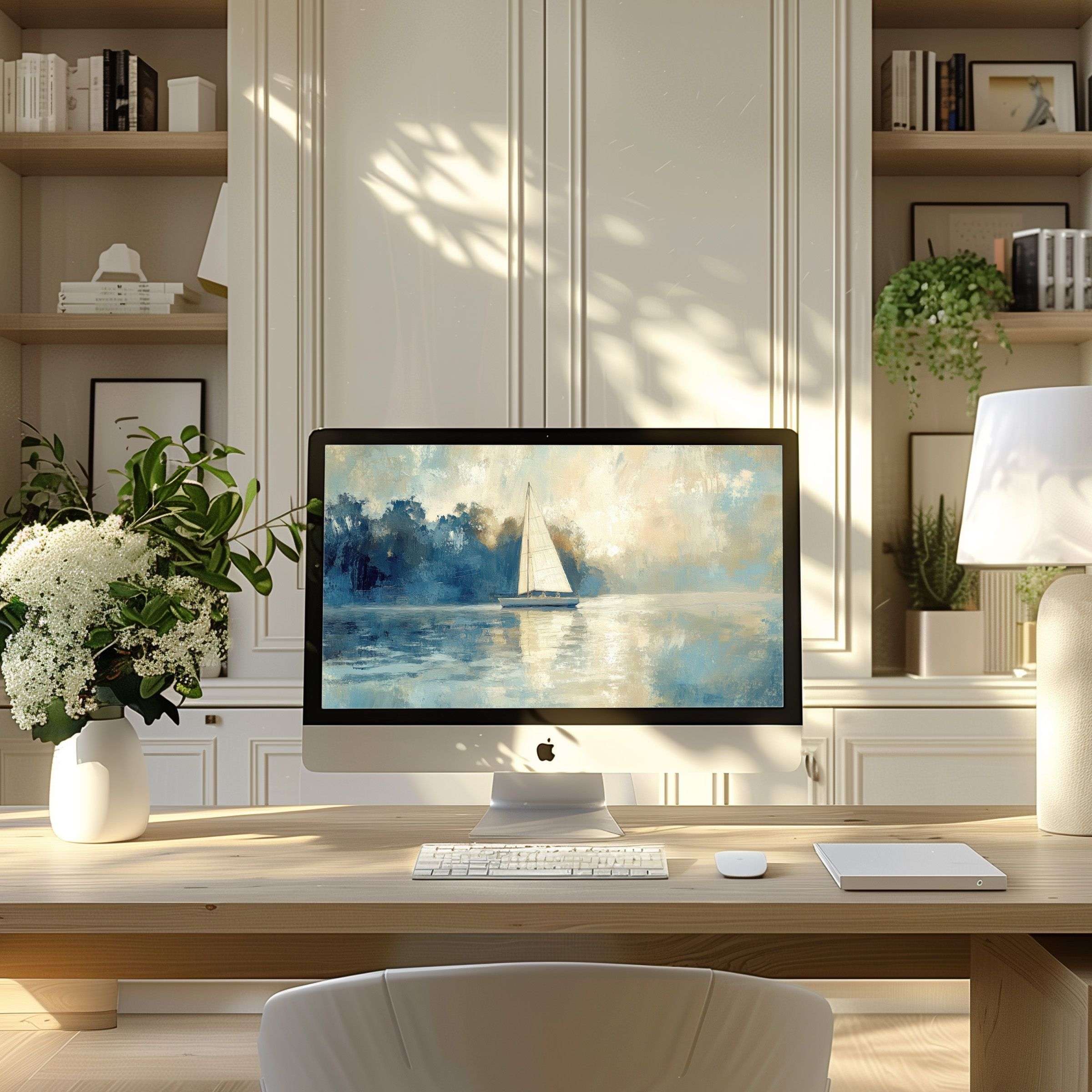 Elegant sailboat art, perfect wallpaper for computer, PC, and laptop, adds calm inspiration to modern home office decor, digital download