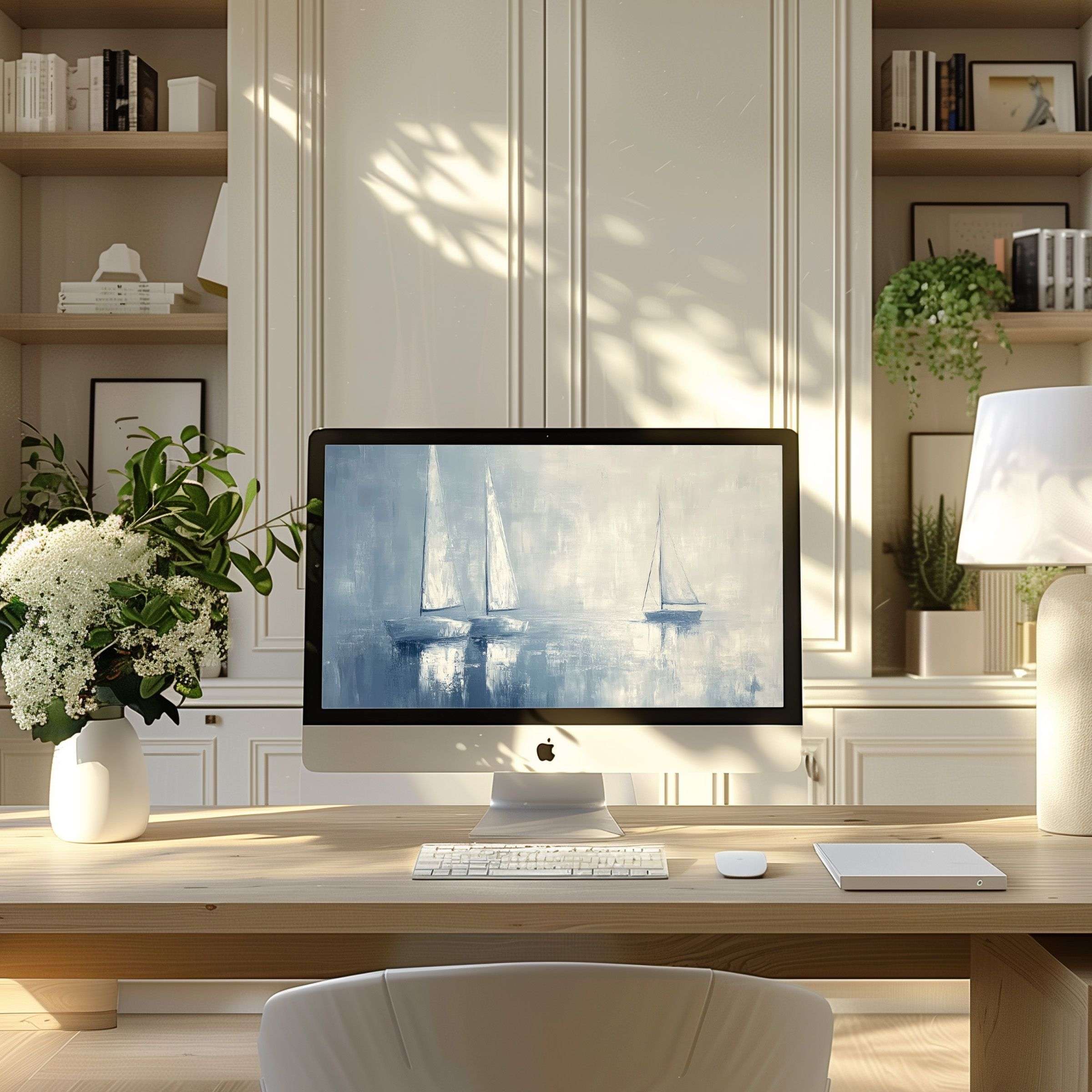 Elegant sailboat artwork as wallpaper for computer creates a calming modern office vibe fitting PC and laptop screens for digital download