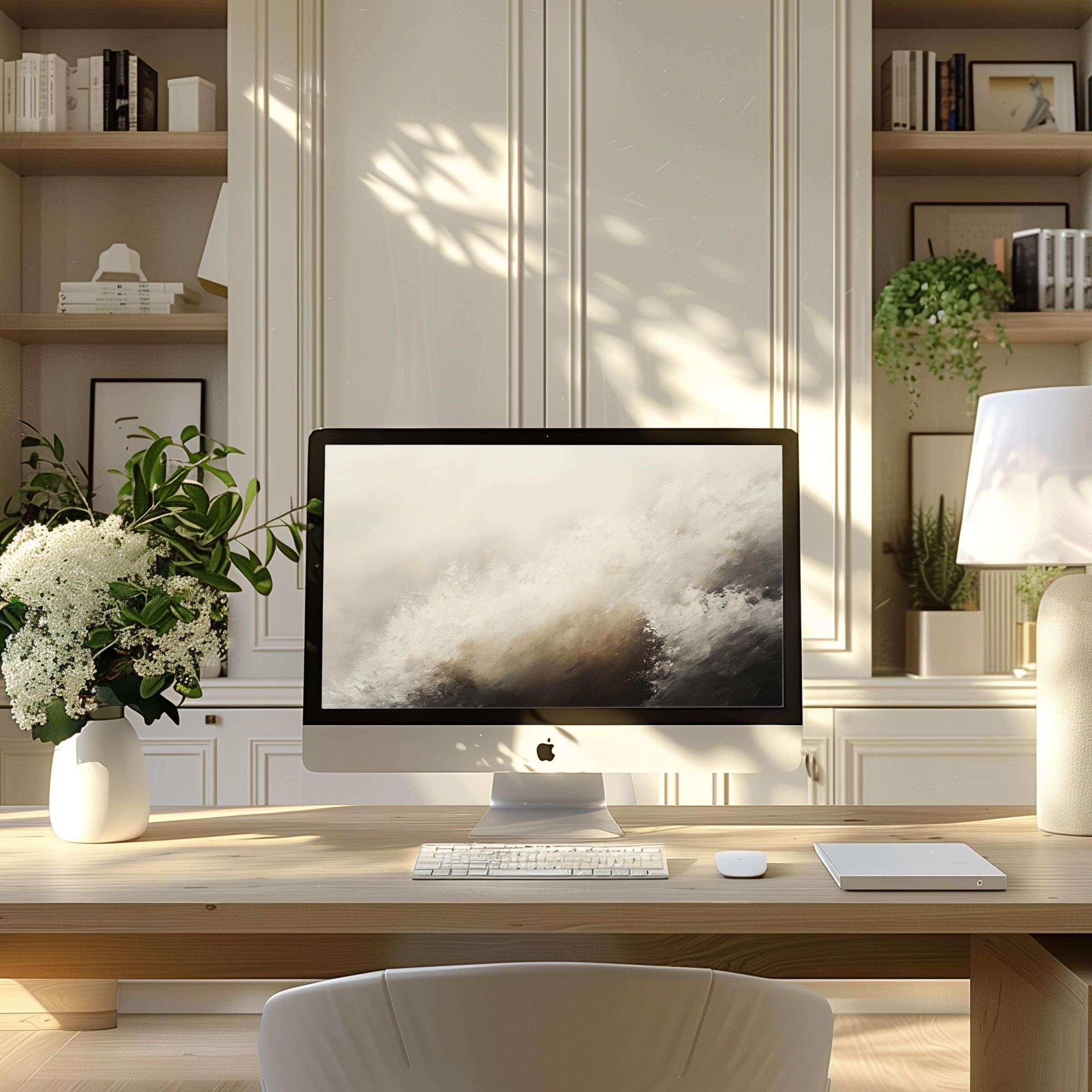 Elegant wave-inspired wallpaper for computer enhances inspiration in a modern home office, perfect for PC, laptop, digital download