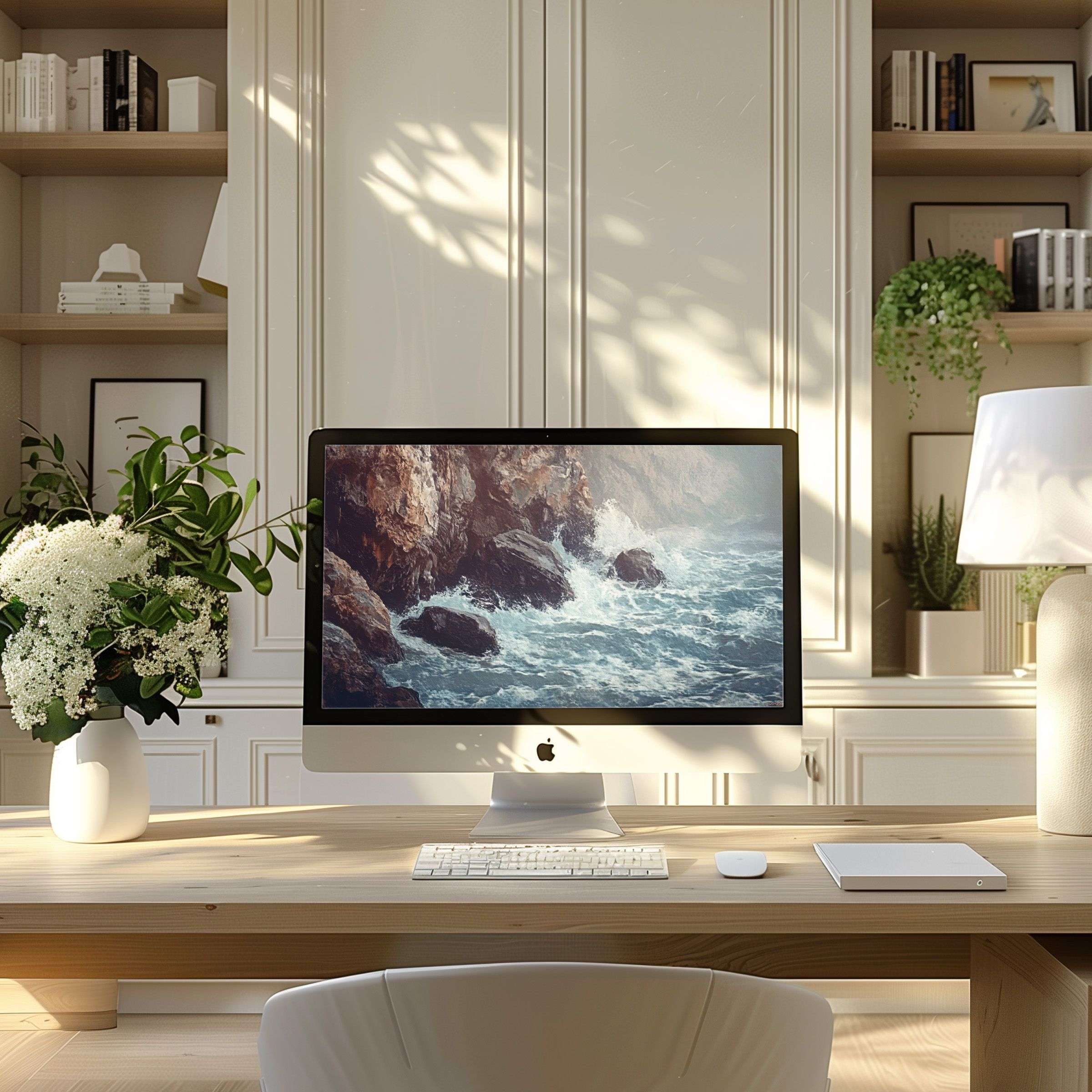 Inspirational ocean art wallpaper for computer in elegant home office setup, ideal for PC and laptop digital download
