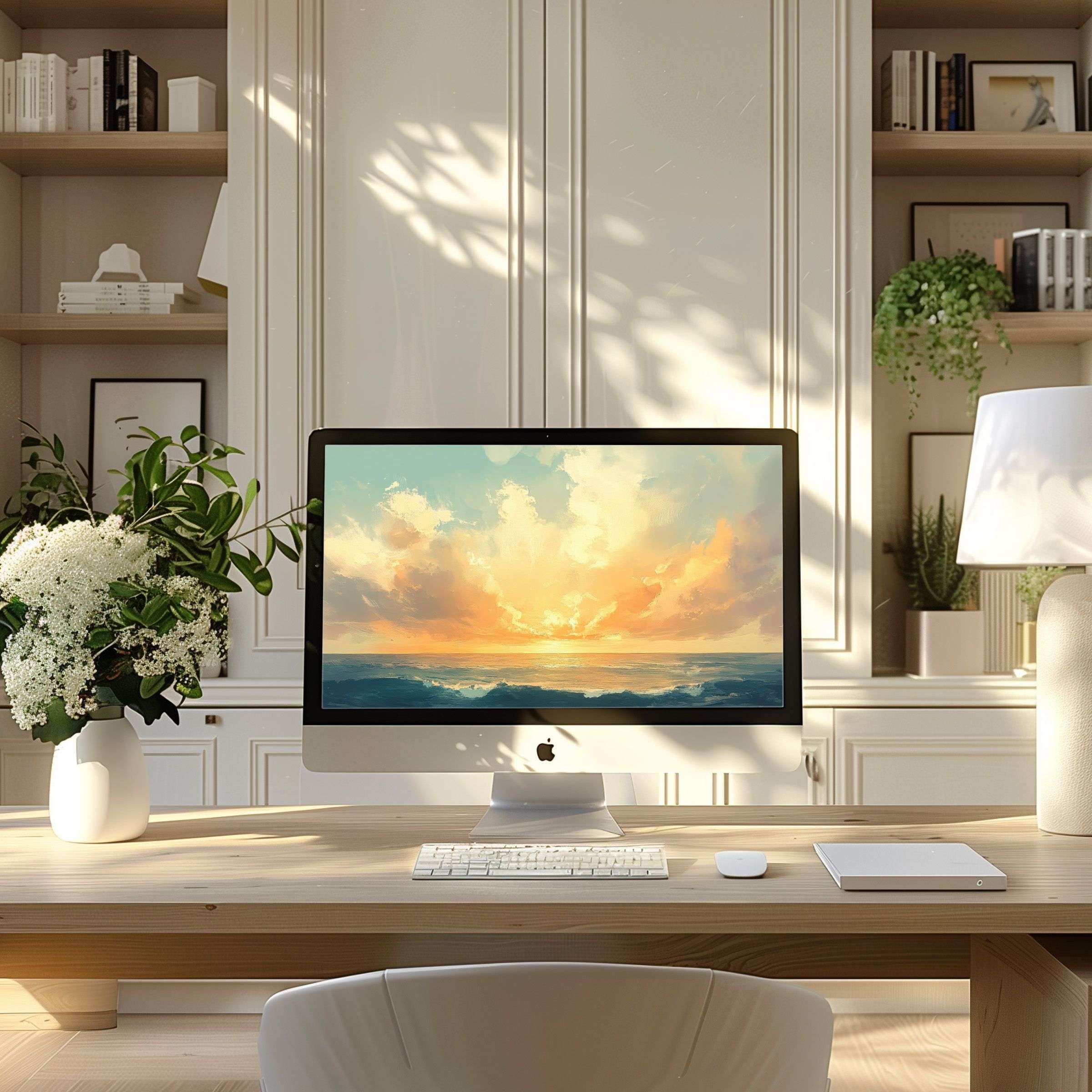 Inspirational sunrise digital art wallpaper for computer elevates your modern home office, ideal for PC or laptop users seeking calm