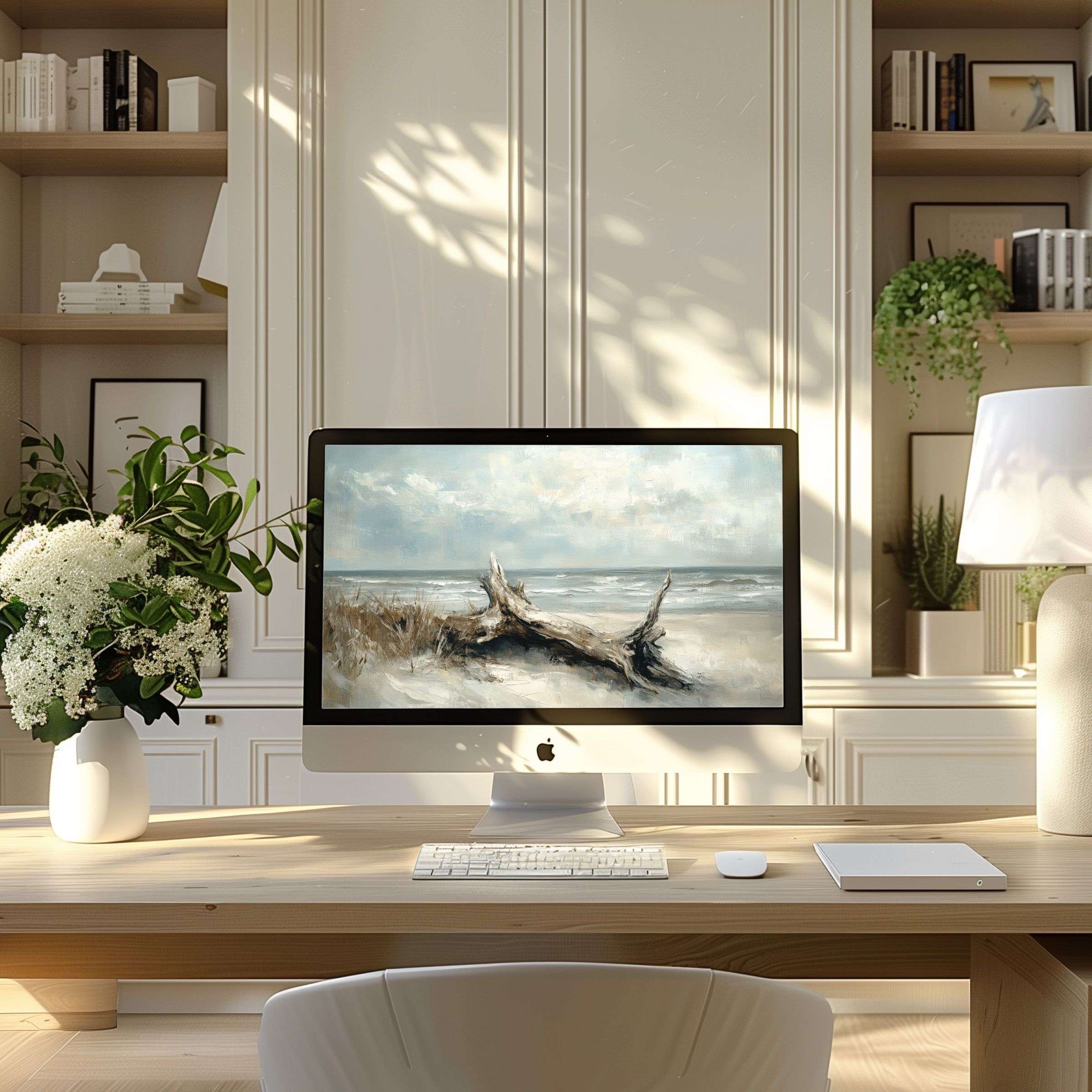 Elegant coastal art as wallpaper for computer in a serene modern office setting inspires calm, perfect for PC and Laptop download