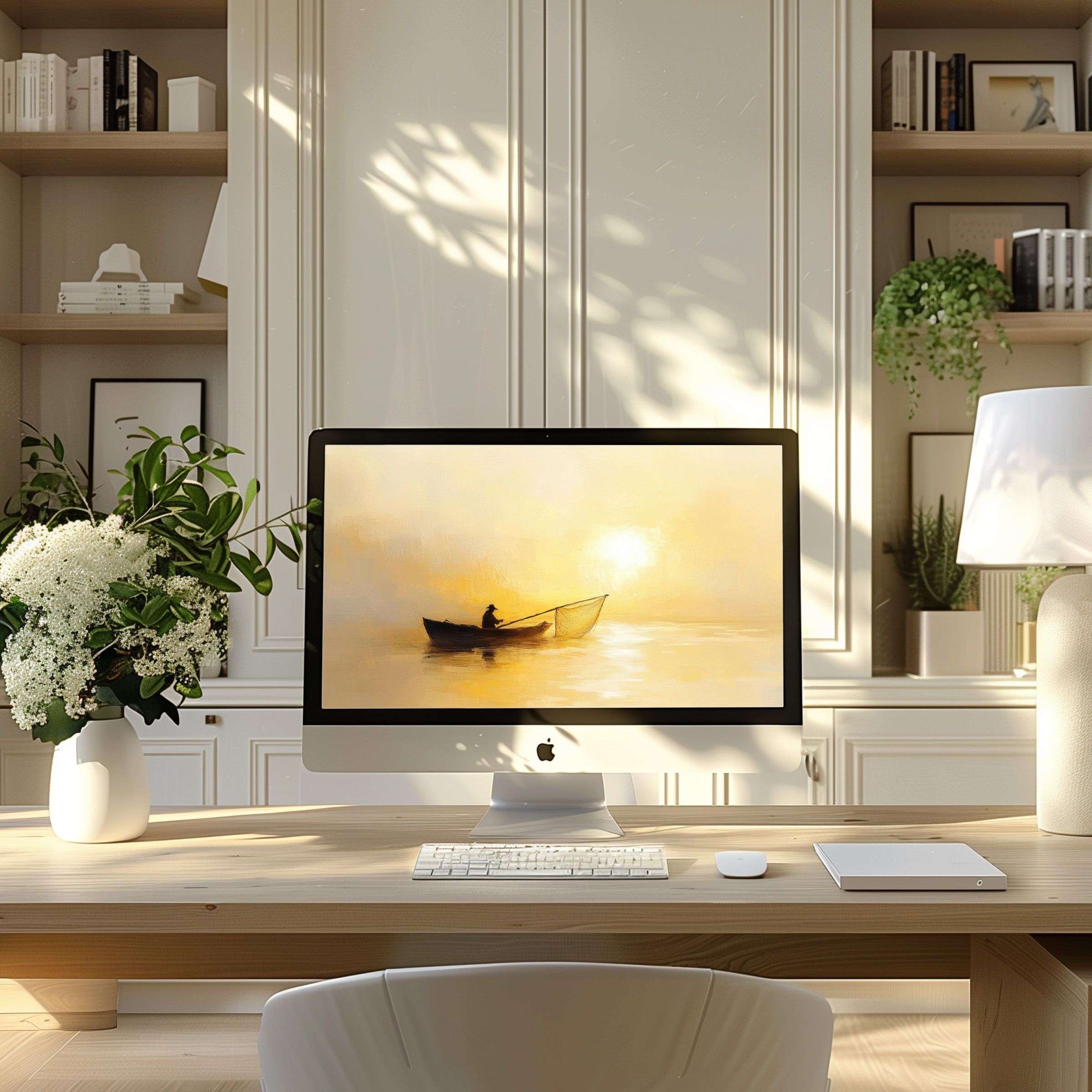 Elegant digital art wallpaper for computer brings calm and inspiration to modern home office, perfect for PC and laptop users