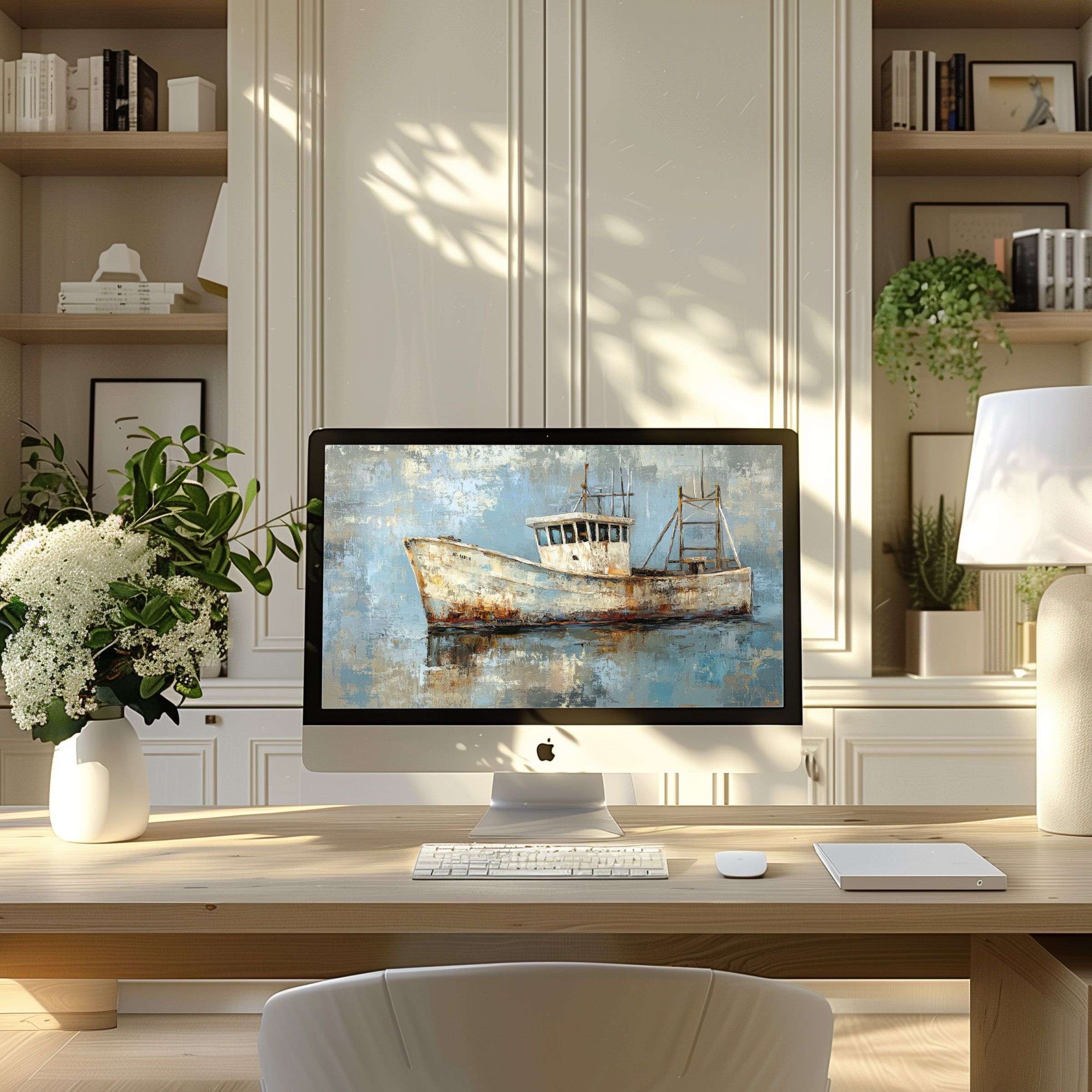 Elegant nautical artwork wallpaper for computer brings calm inspiration to a modern home office desk for PC or laptop