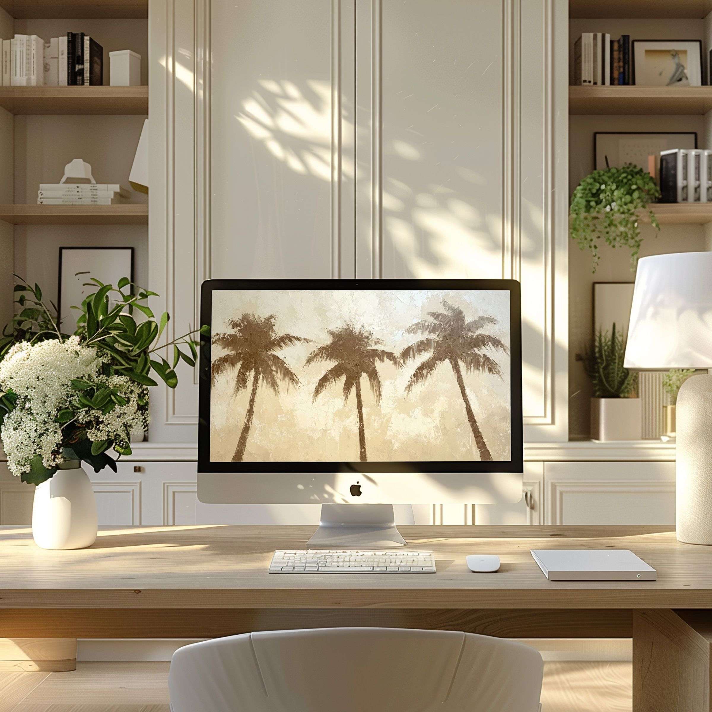 Calming palm tree digital artwork creates an elegant atmosphere, perfect wallpaper for computer, PC or laptop in a modern home office
