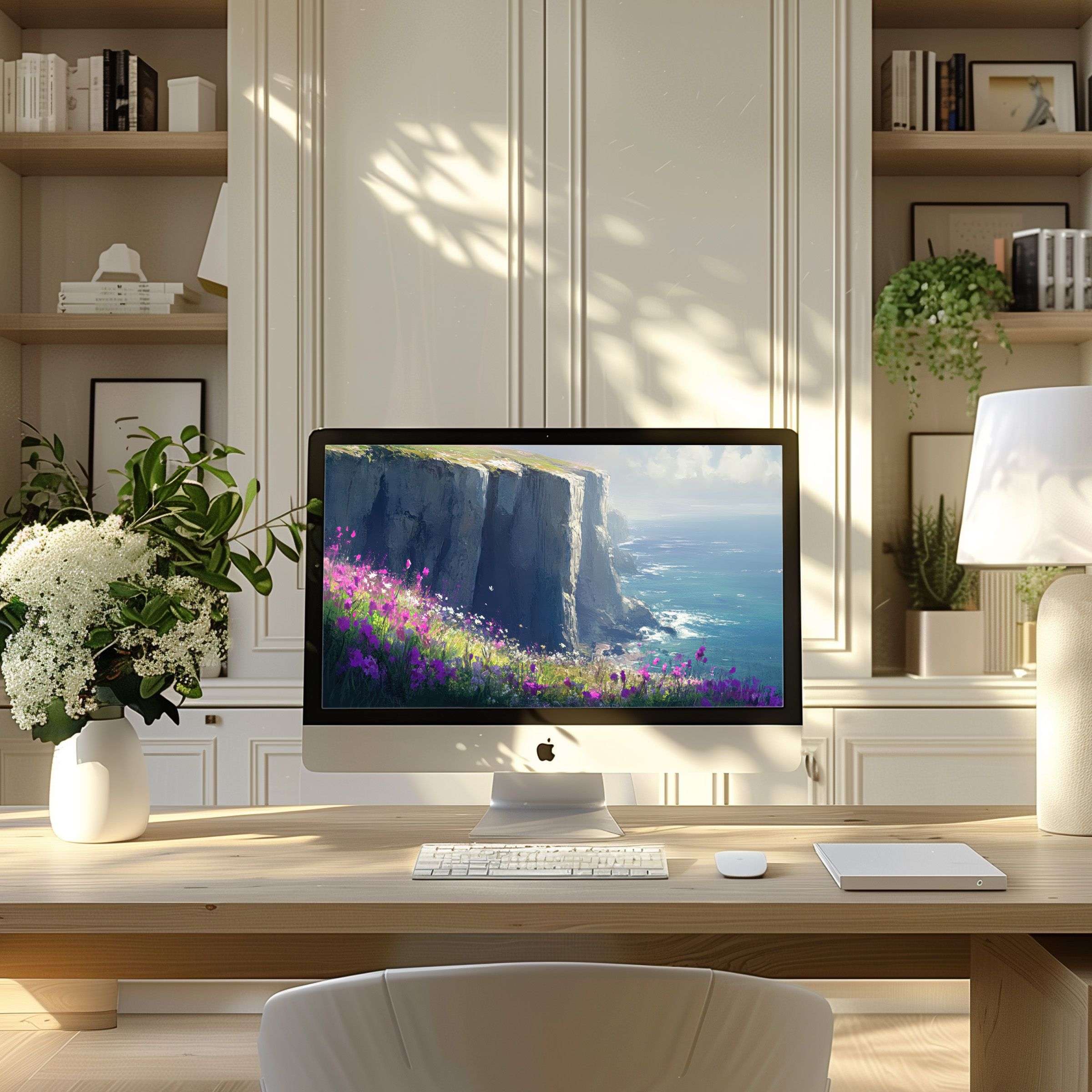 Elegant wallpaper for computer featuring serene cliffs and sea view inspires calm, ideal for PC and laptop in modern home office