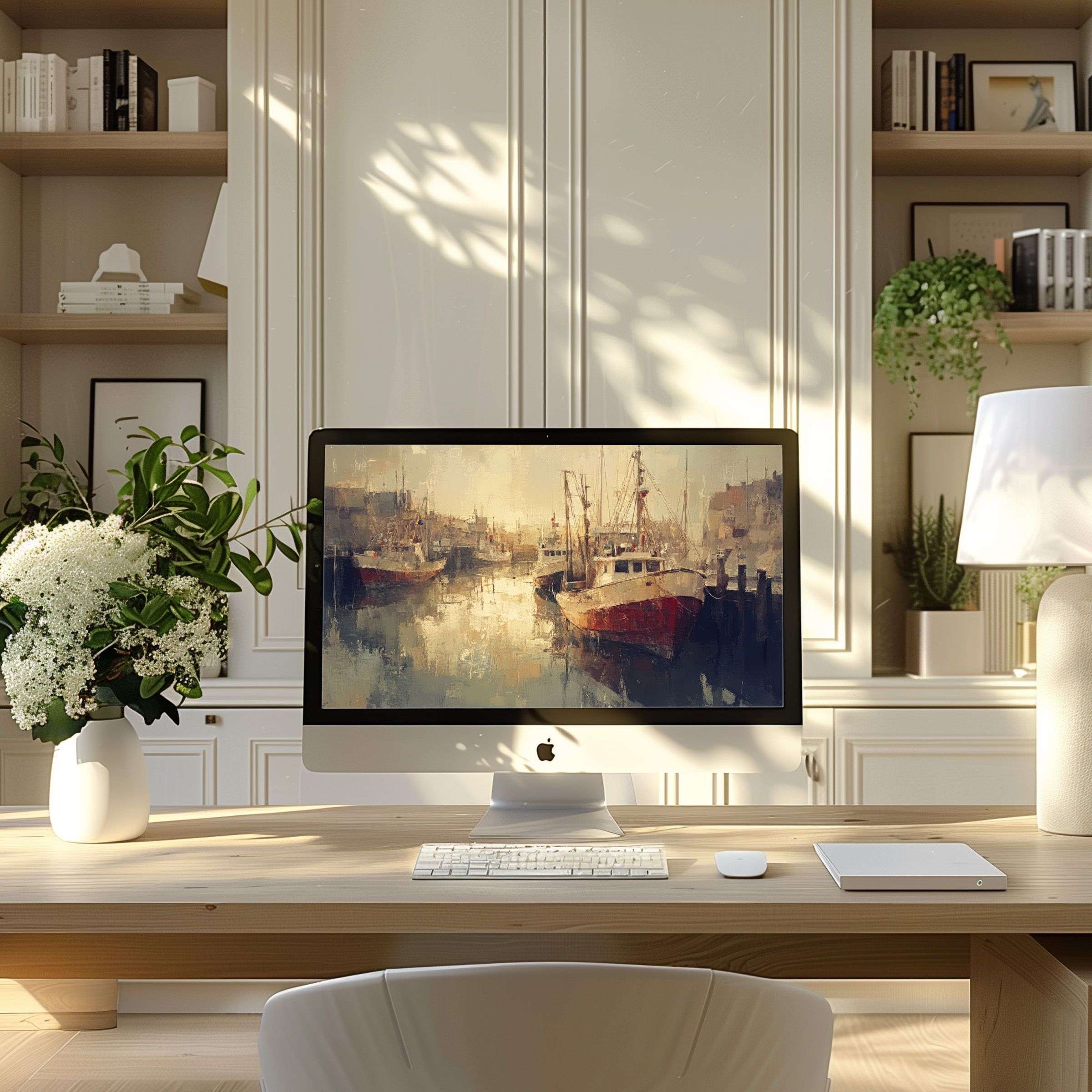 Elegant harbor scene as wallpaper for computer inspiring calm with its soft hues fits PC, laptop, or ultrawide screens