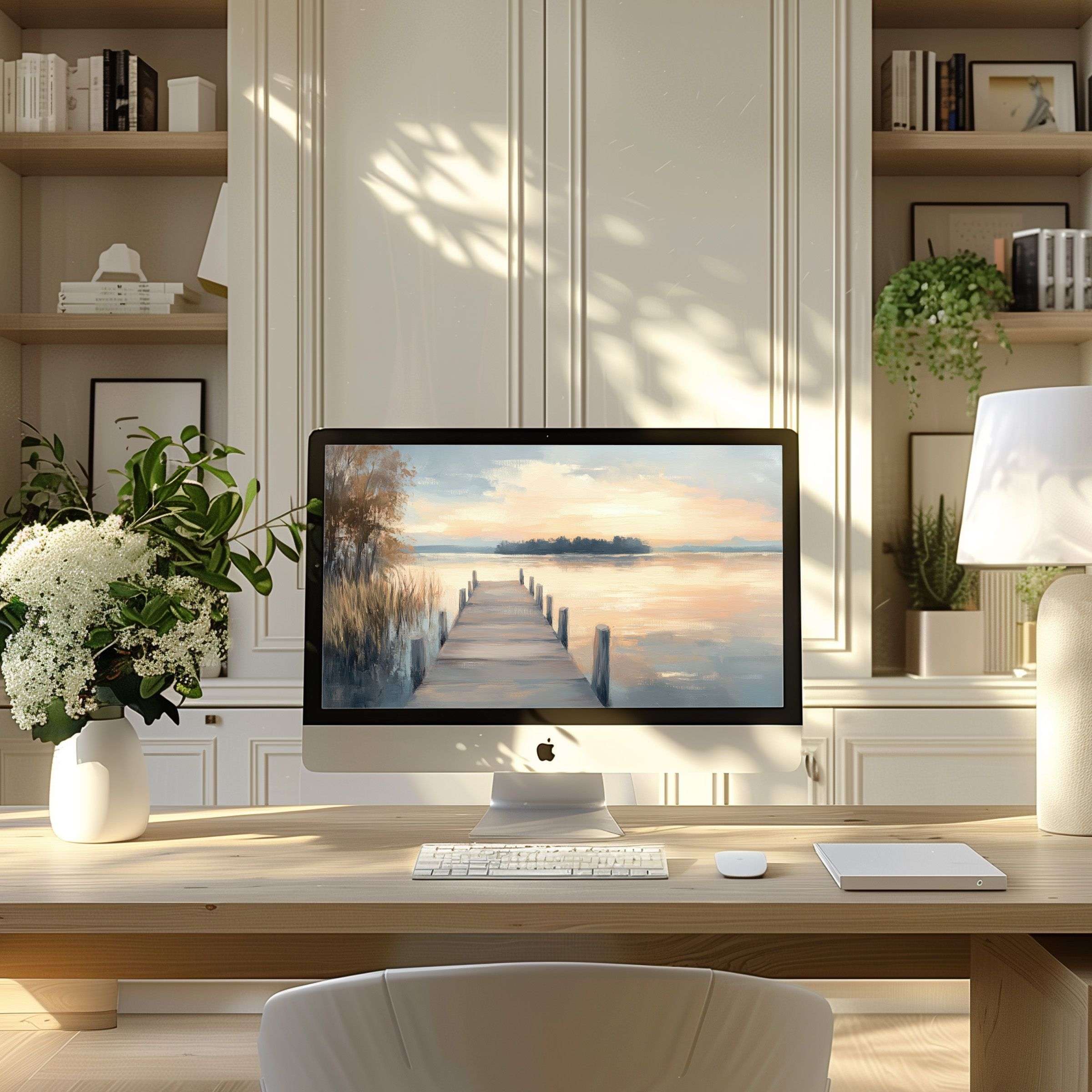 Elegant sunset pier wallpaper for computer inspires calm and beauty, perfect for PC or laptop, digital download for modern home office