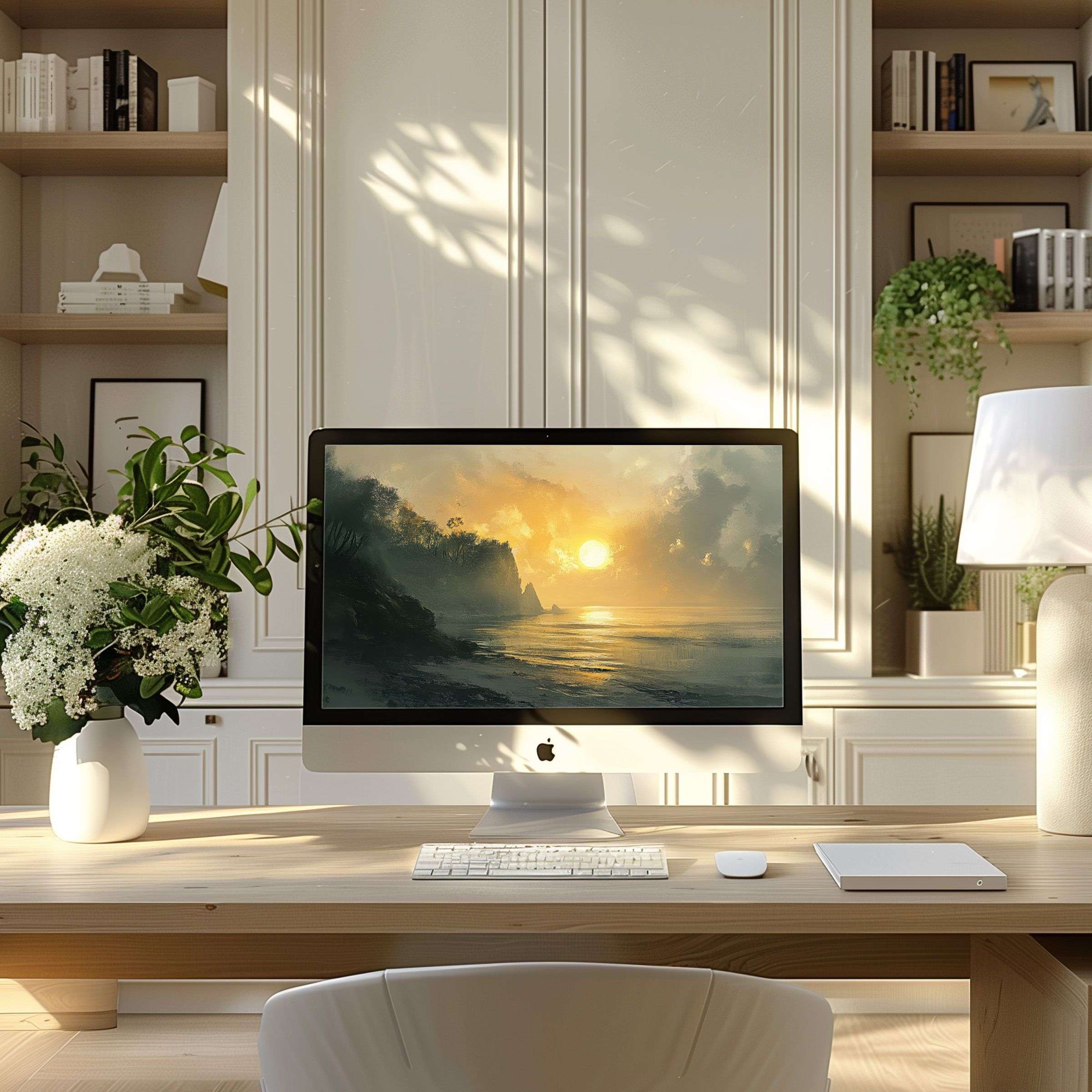 Elegant wallpaper for computer, PC, and laptop featuring a serene sunrise scene; perfect for modern home offices seeking calm inspiration
