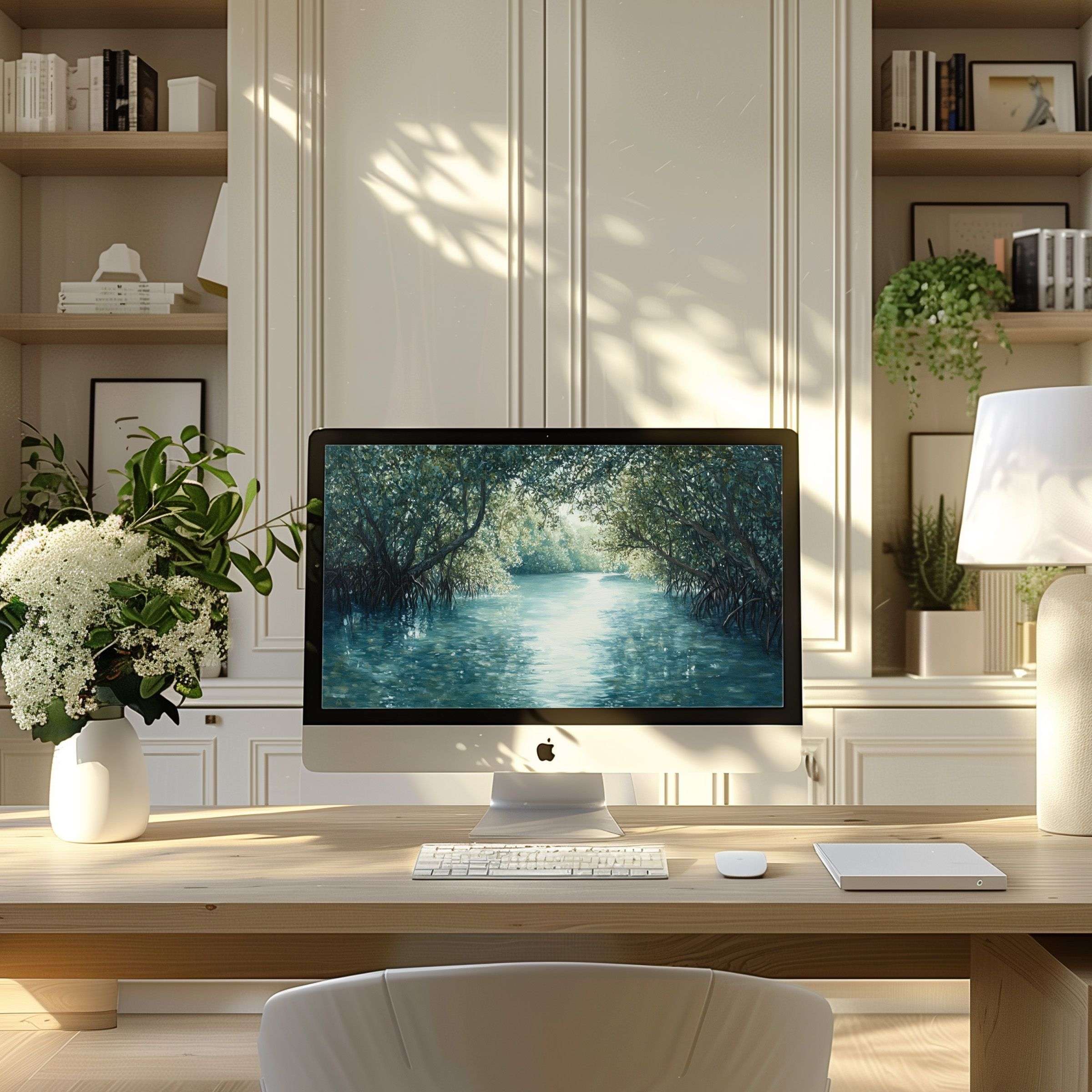 Elegant landscape artwork for PC and Laptop, offering calm and inspiration in a modern home office setting, perfect wallpaper for computer