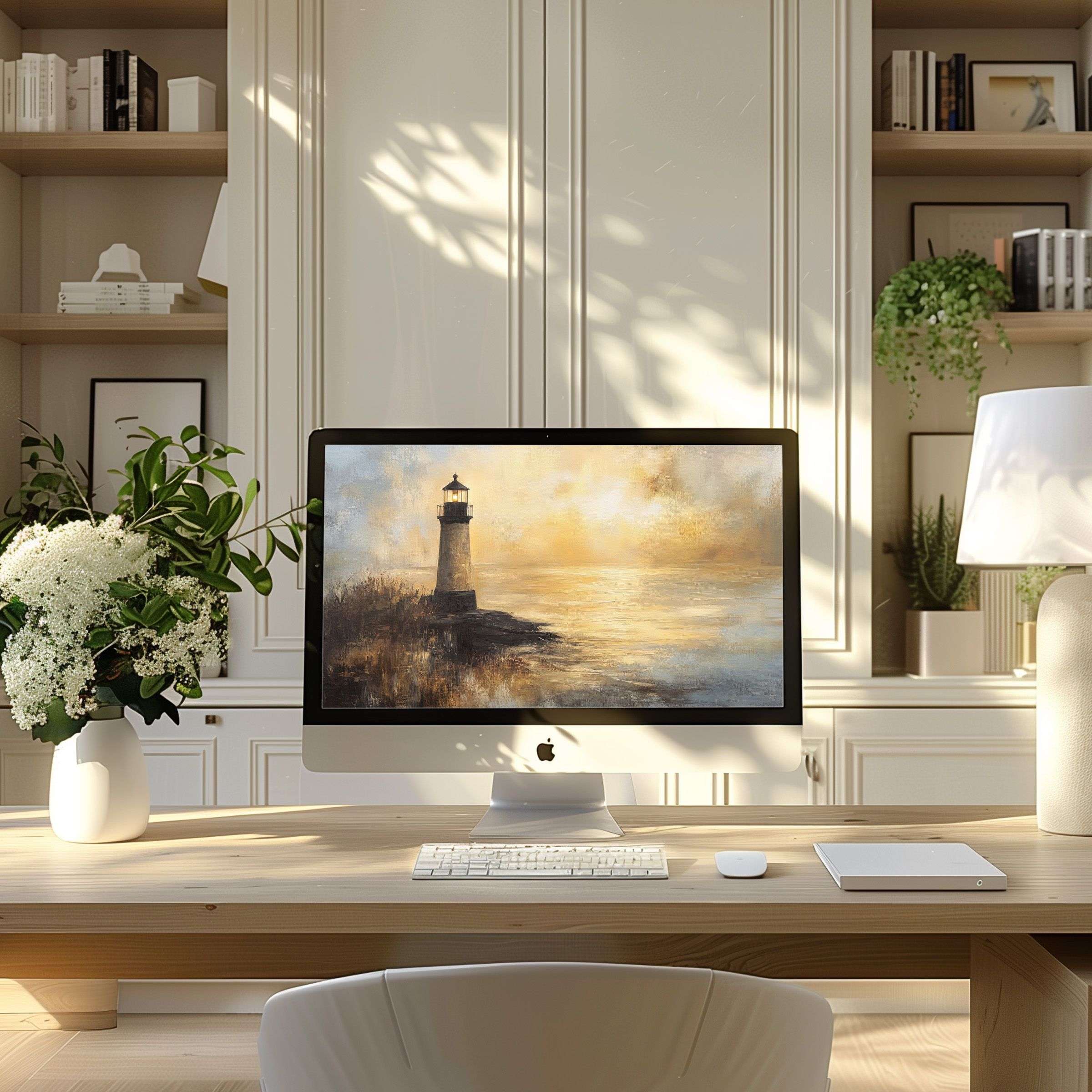Elegant lighthouse art wallpaper for computer, PC, and laptop brings calm inspiration to a modern home office digital download