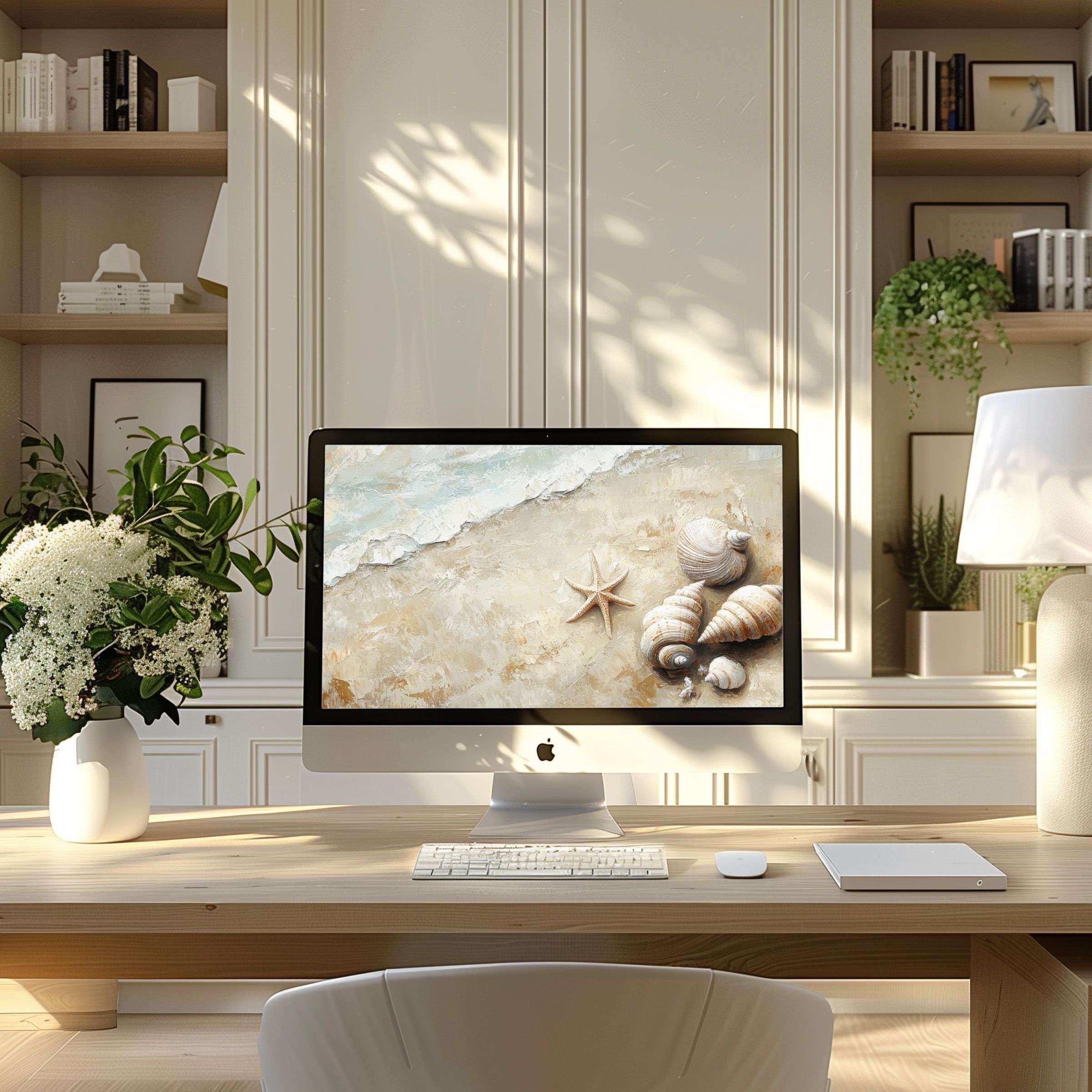 Seashell digital art wallpaper for computer adds elegance to PC or laptop, inspiring calm in a modern home office setting