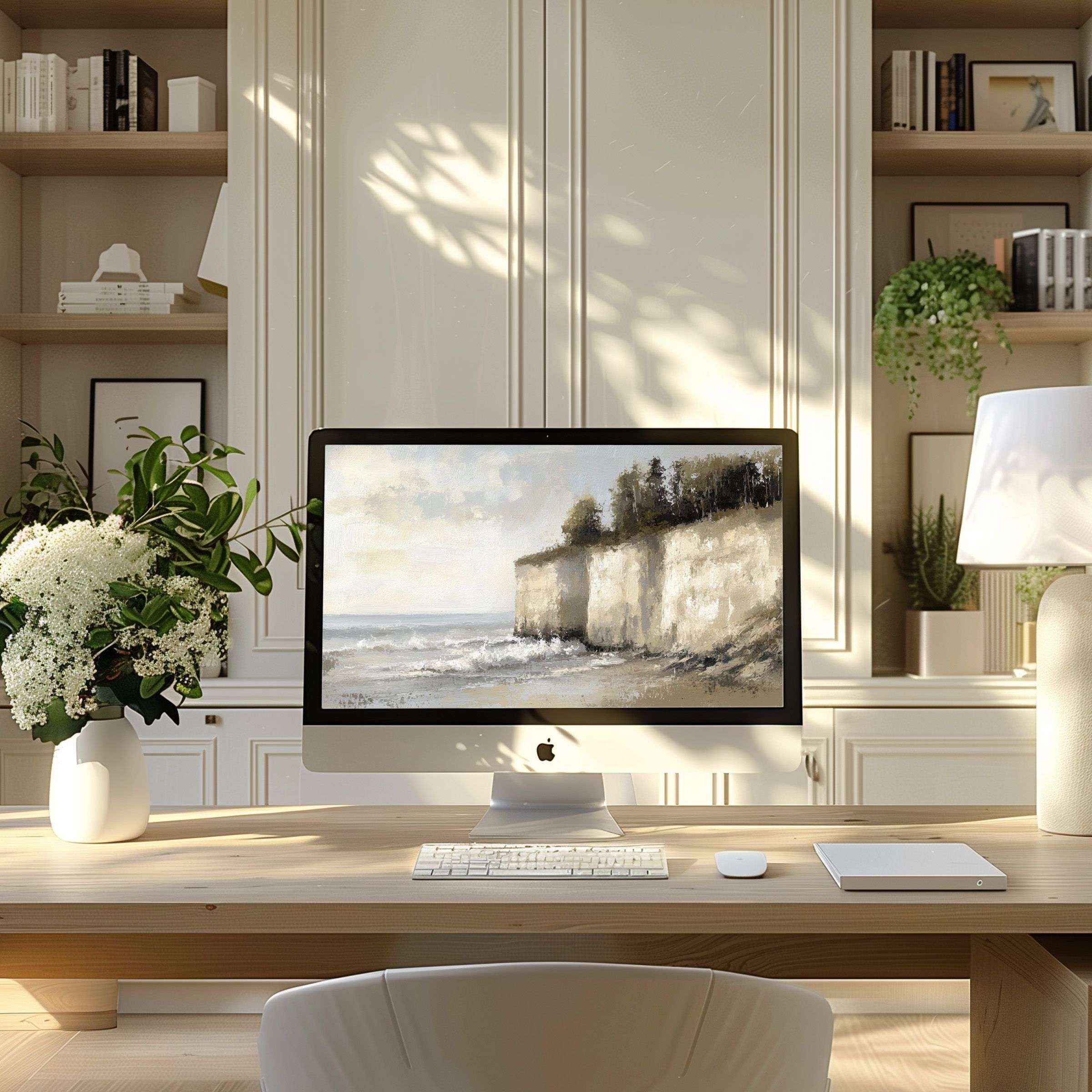 Elegant seascape wallpaper for computer transforms modern home office into an inspiring haven perfect for PC and laptop use
