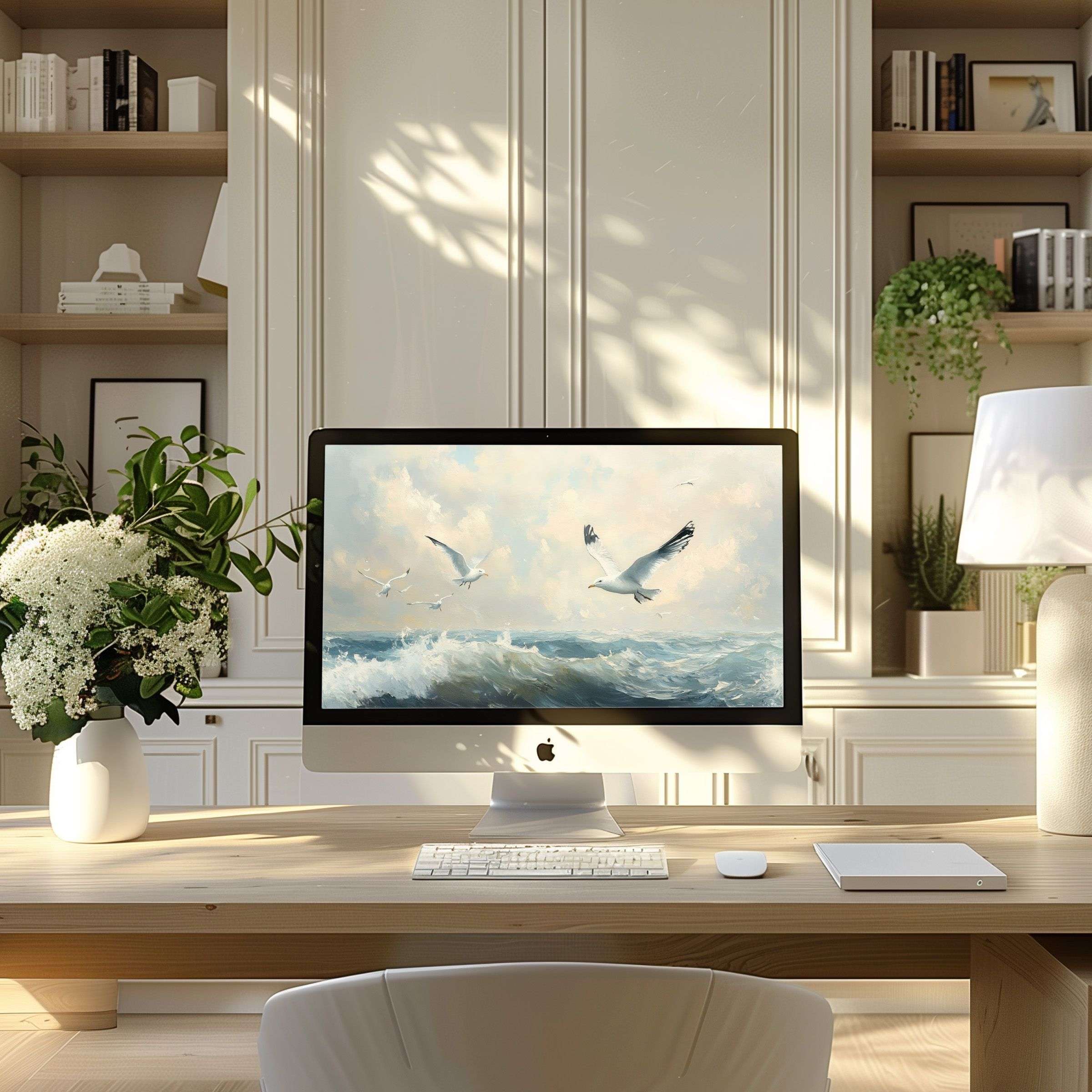 Elegant ocean motif wallpaper for computer brings calm and inspiration to PC or laptop in a modern home office setting