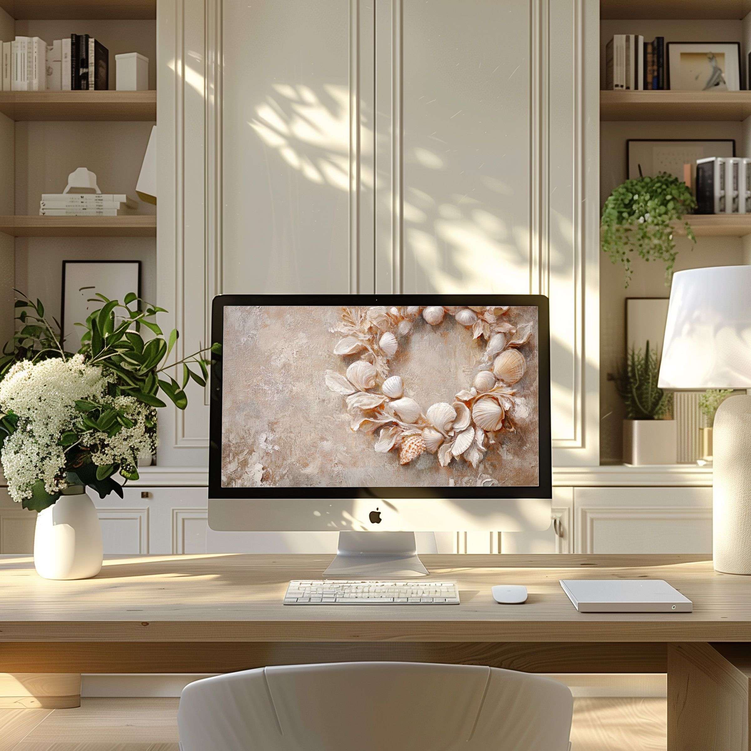 Elegant wallpaper for computer in natural tones inspires calm in a stylish home office setup for PC and laptop users