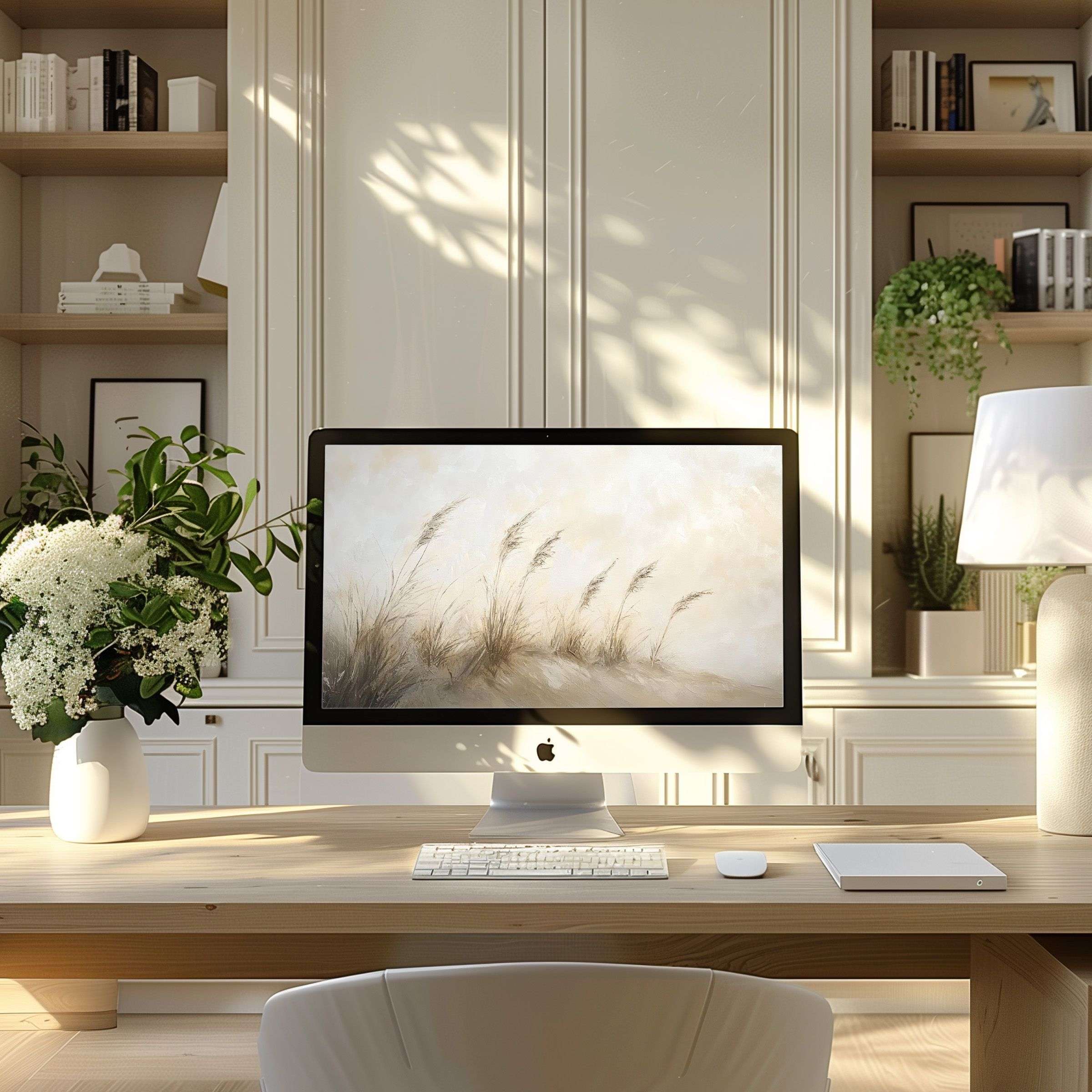 Calming beige digital art wallpaper for computer on PC or laptop in an elegant home office inspiring serenity and style