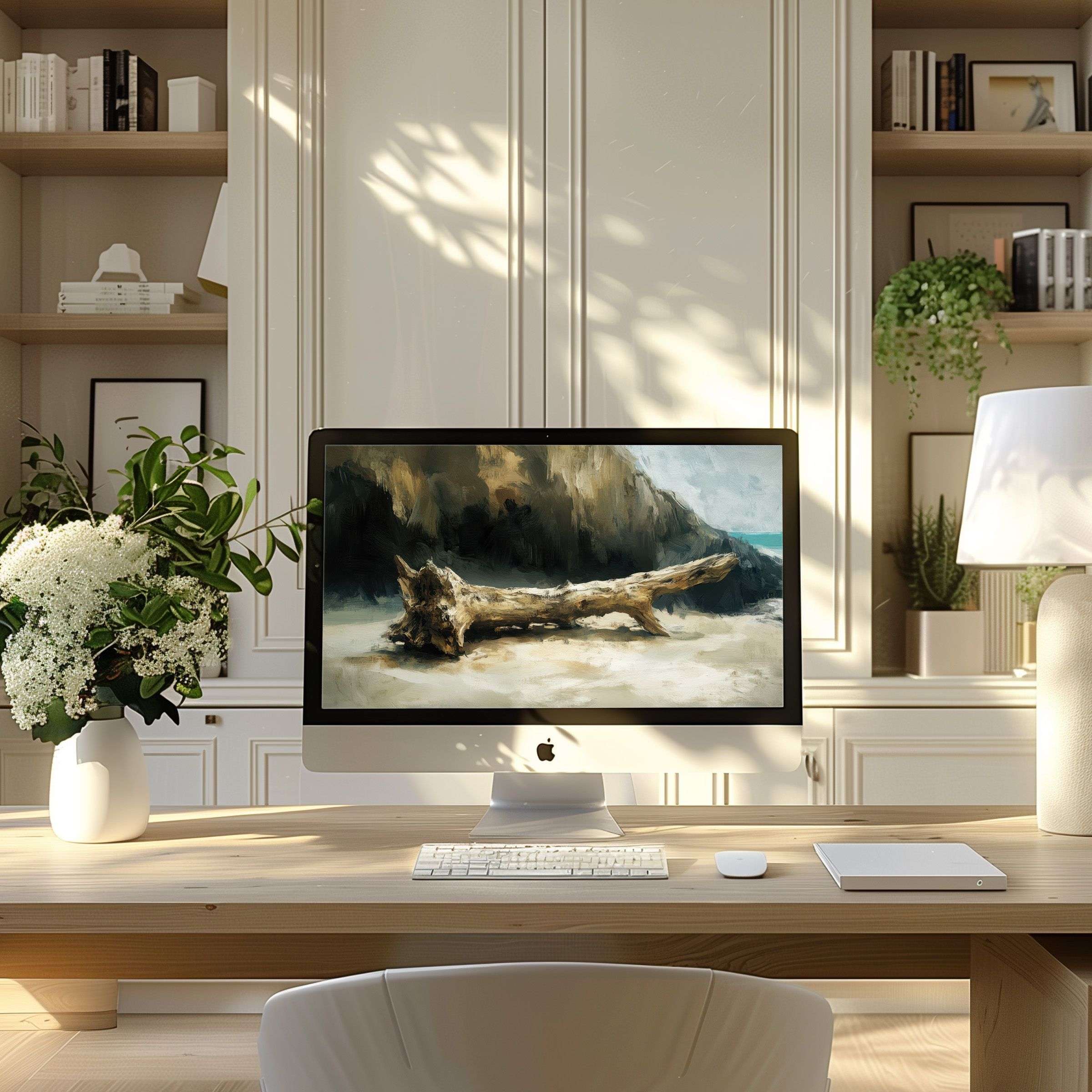 Inspiring wallpaper for computer featuring a serene beach scene, perfect for PC or laptop in a modern, elegant home office