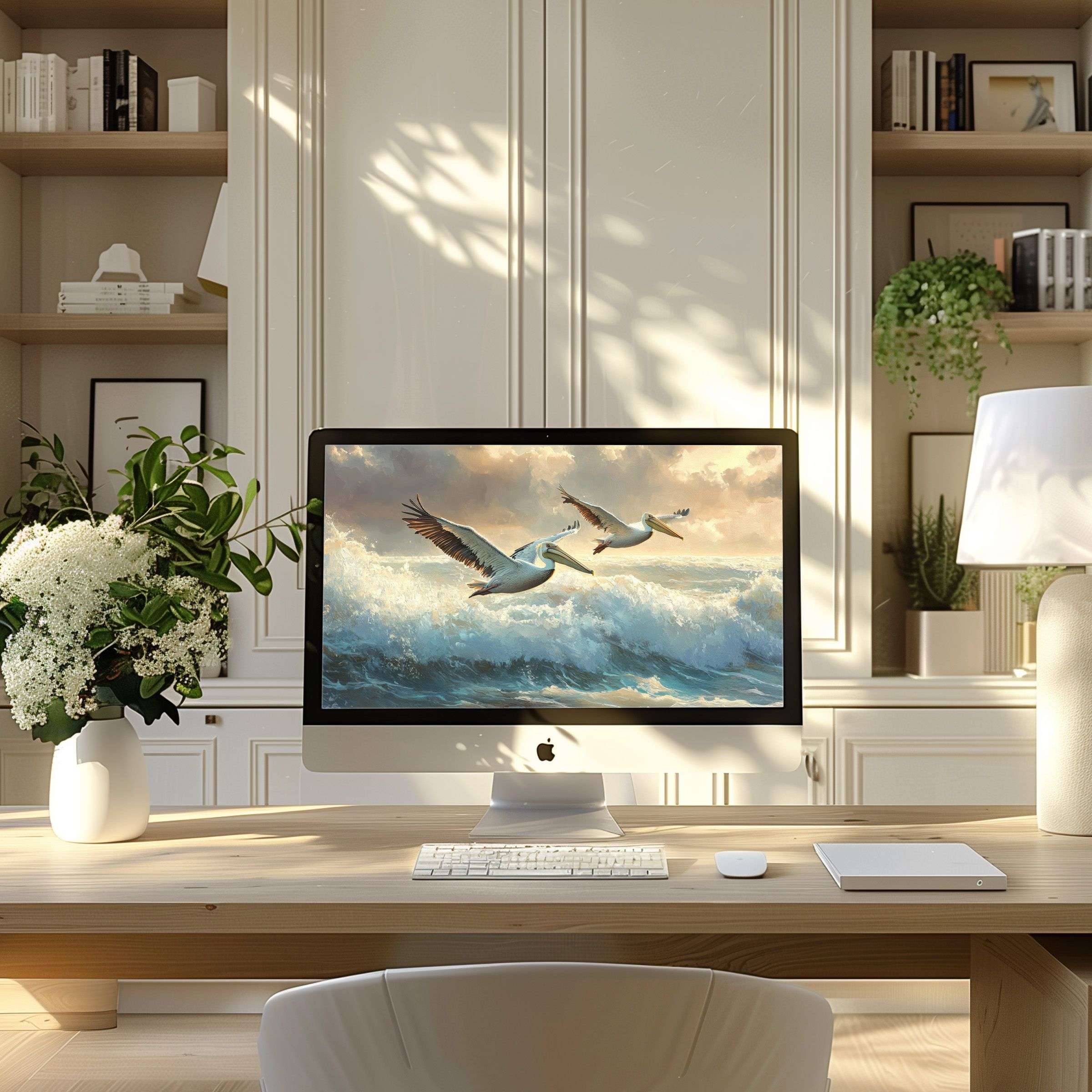 Calm ocean waves and flying birds create inspiring wallpaper for computer, perfect for PC or laptop in elegant modern home office