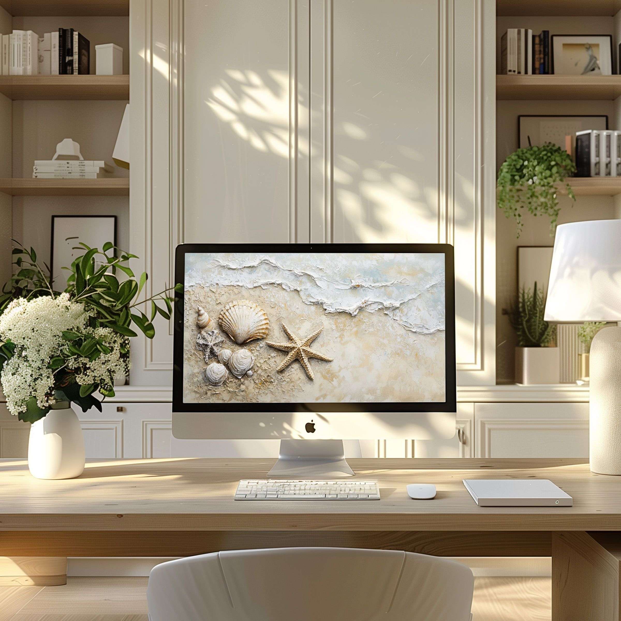 Elegant coastal-themed wallpaper for computer exudes calm and inspiration perfect for PC or laptop in modern home office setting