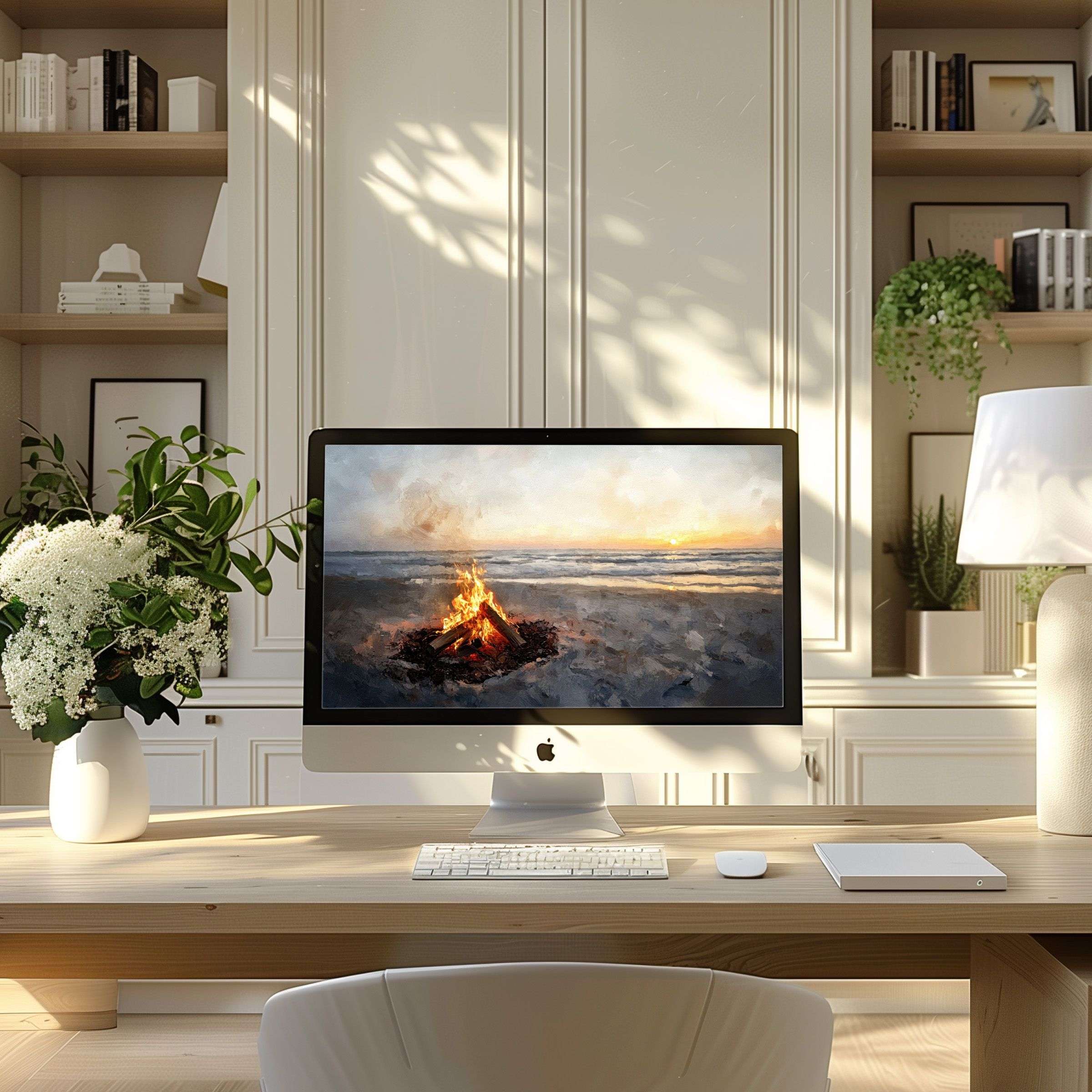 Inspiring digital beach bonfire wallpaper for computer enhances calm in a modern home office, suitable for PC and laptop use
