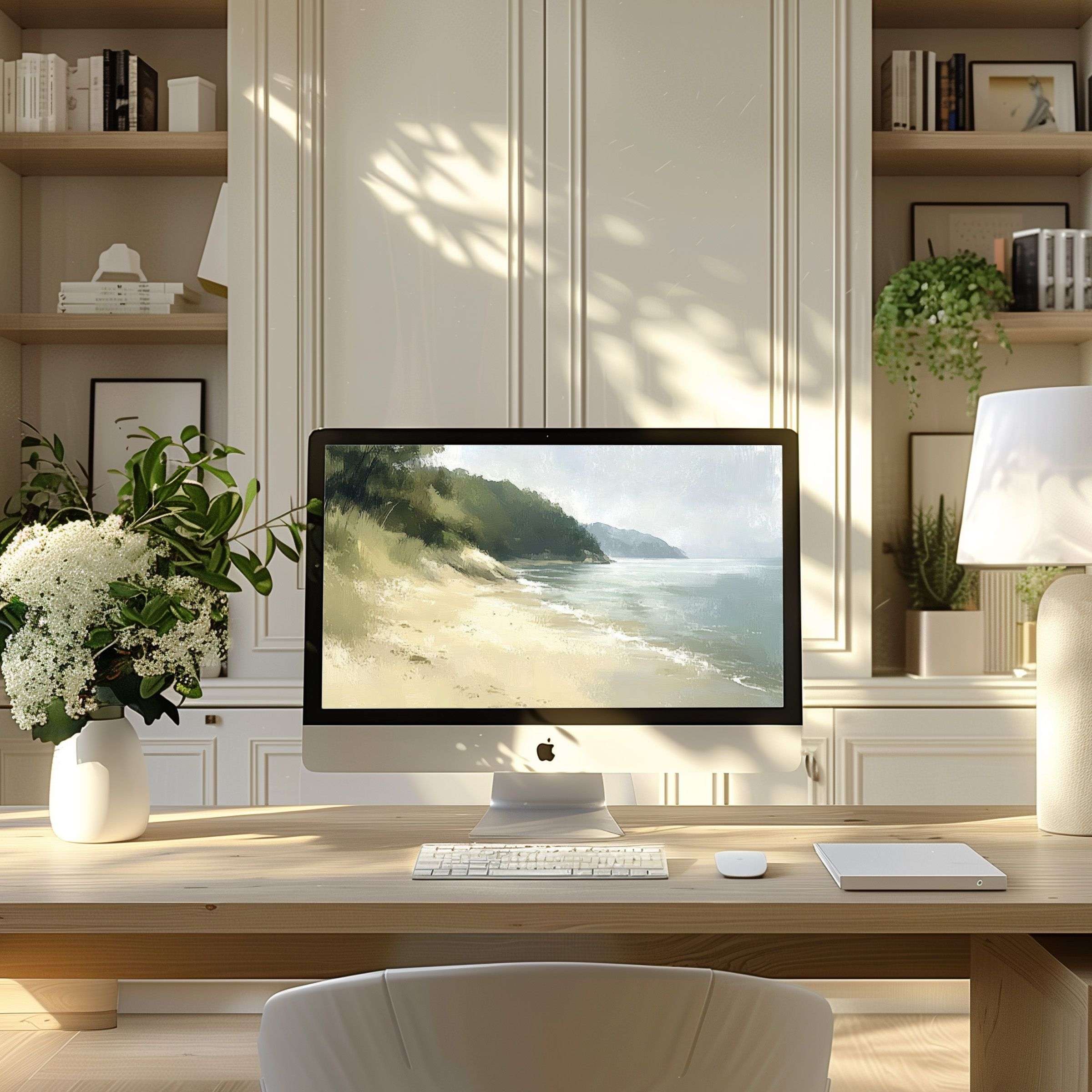 Elegant computer wallpaper of serene beach scene, perfect for PC or Laptop, complements a modern home office, inspires calm