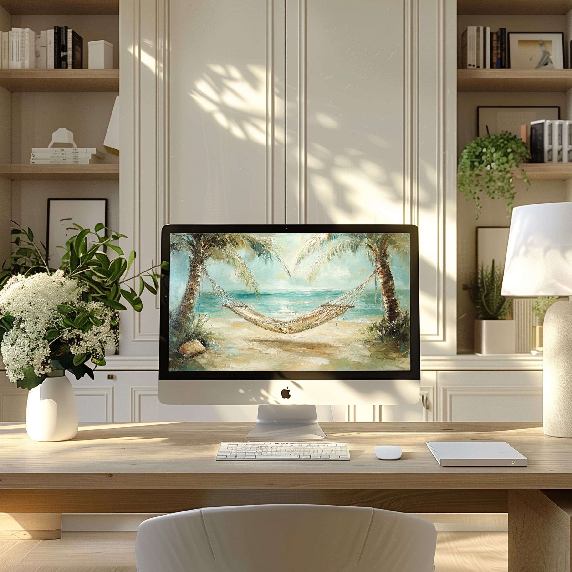 Inspire elegance with this calming beach motif wallpaper for computer, PC, and laptop, ideal for modern home offices and digital download