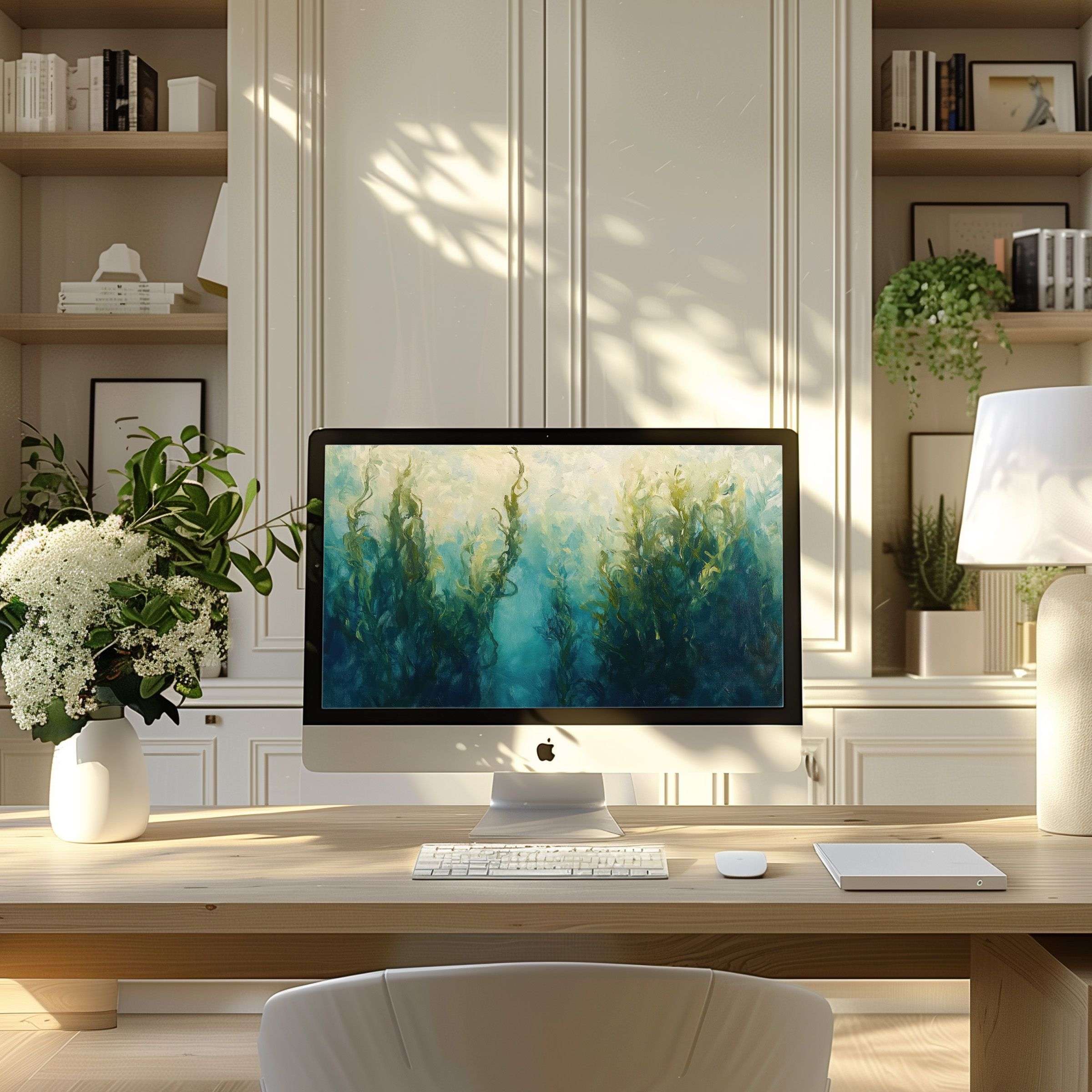 Elegant abstract art wallpaper for computer enhances a modern home office, inspiring calm on PC or Laptop displays, digital download