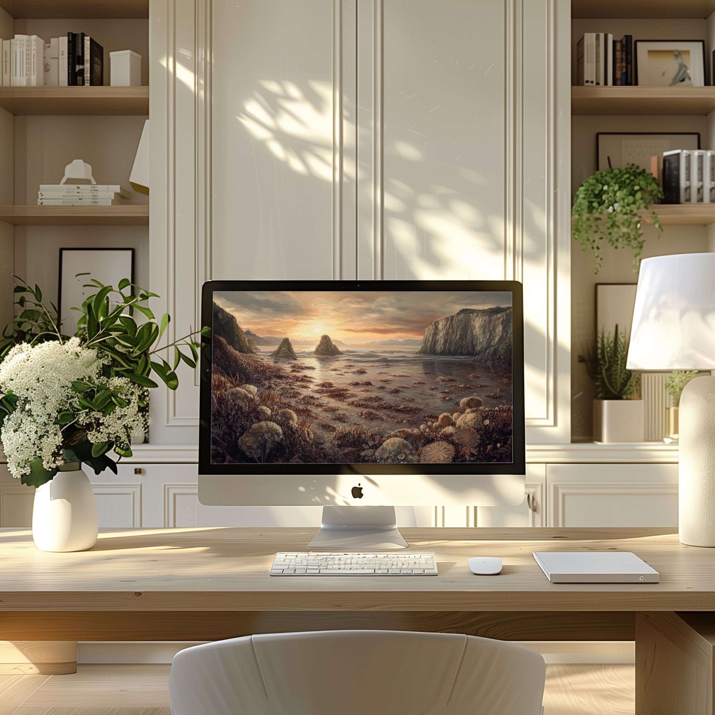 Inspiring sunset coastal artwork wallpaper for computer on elegant PC and laptop setup in a serene modern home office atmosphere