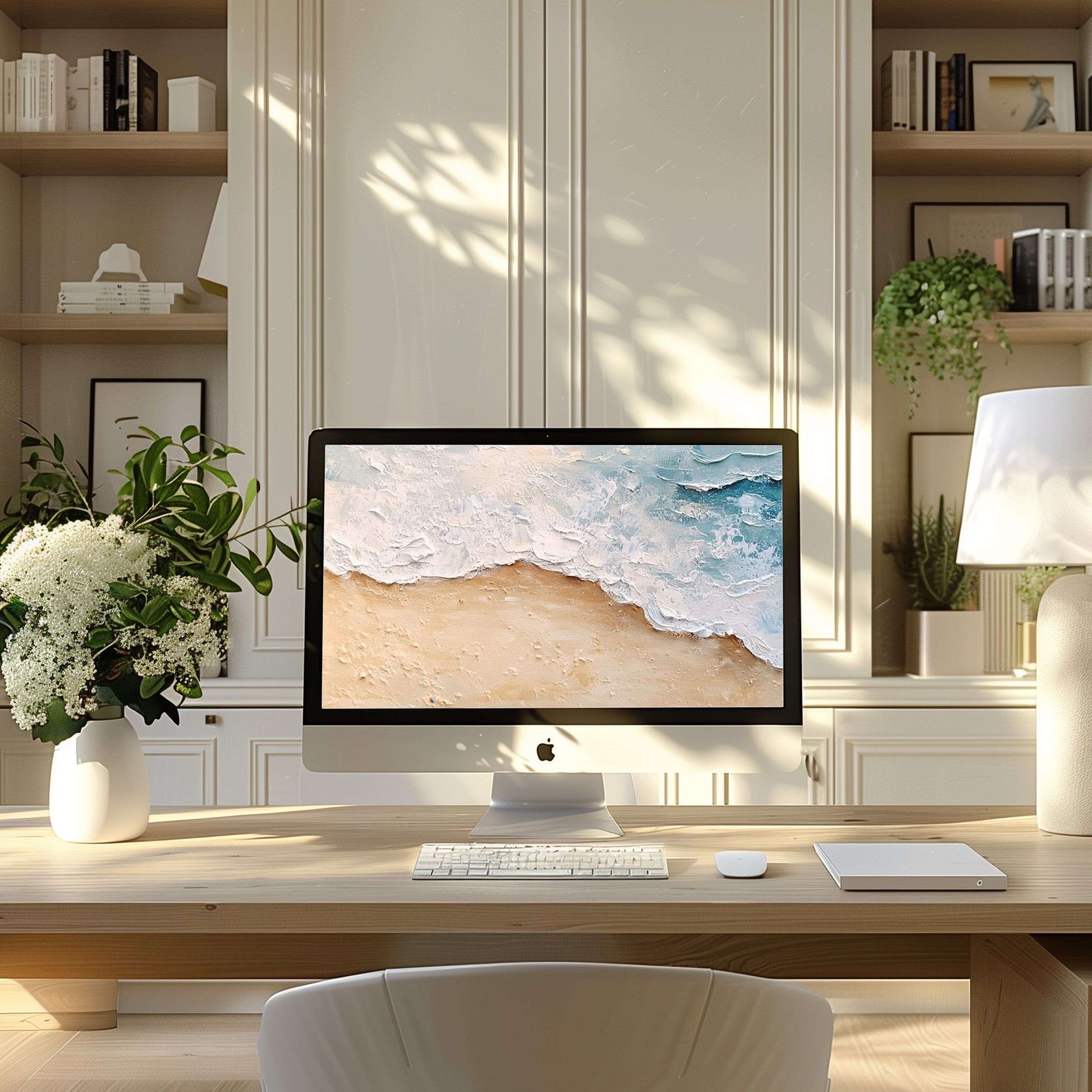 Elegant beach motif wallpaper for computer and laptop, perfect for inspiring calm in a modern home office with PC setup