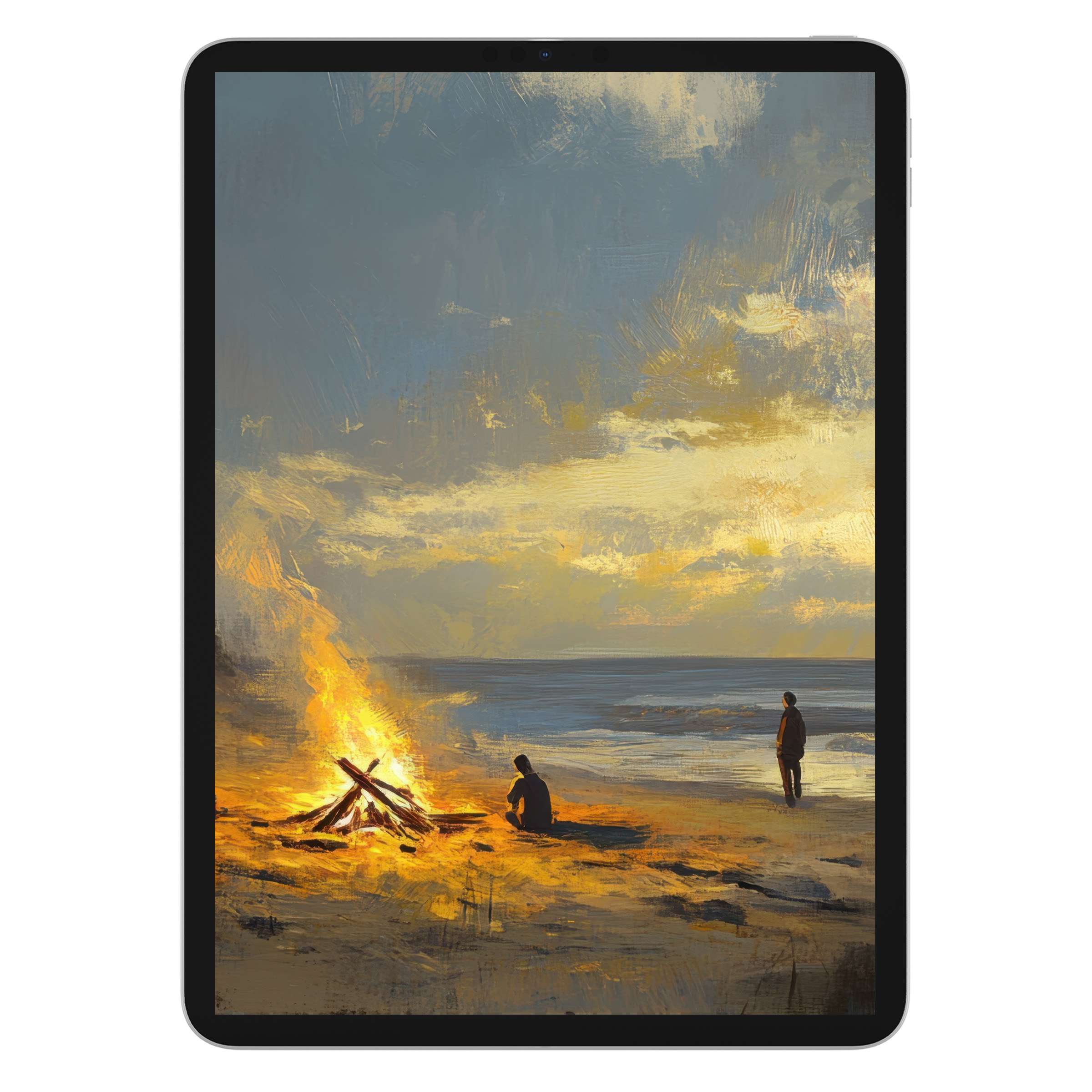 Coastal iPad wallpaper digital download features a serene sunset beach scene with a campfire, perfect as a calming tablet background