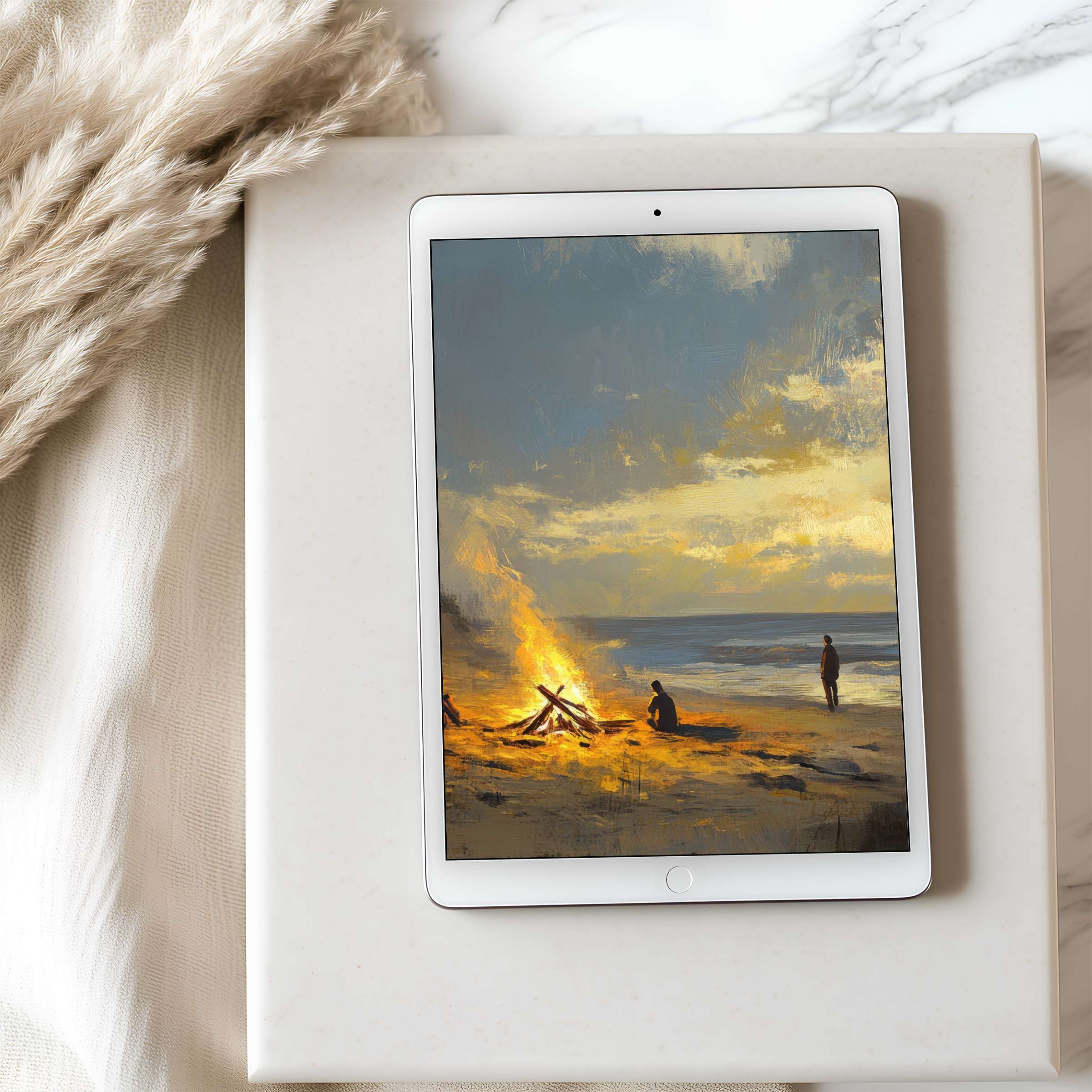 Elegant tablet wallpaper featuring a serene beach bonfire in high resolution, transforming your iPad into a calming digital escape