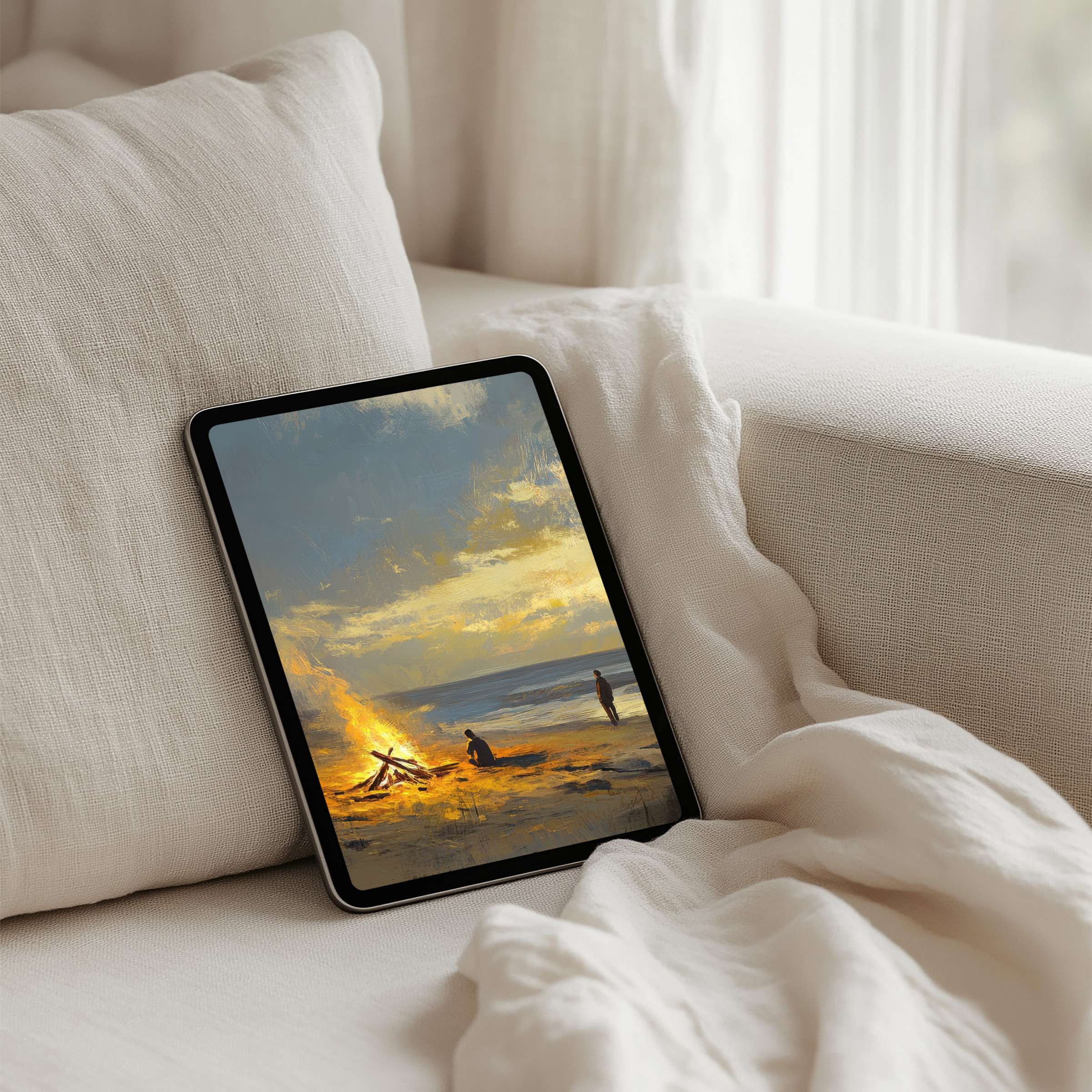 Elegant iPad background of serene beach sunset with campfire art for instant download calming Samsung and Android tablet screens